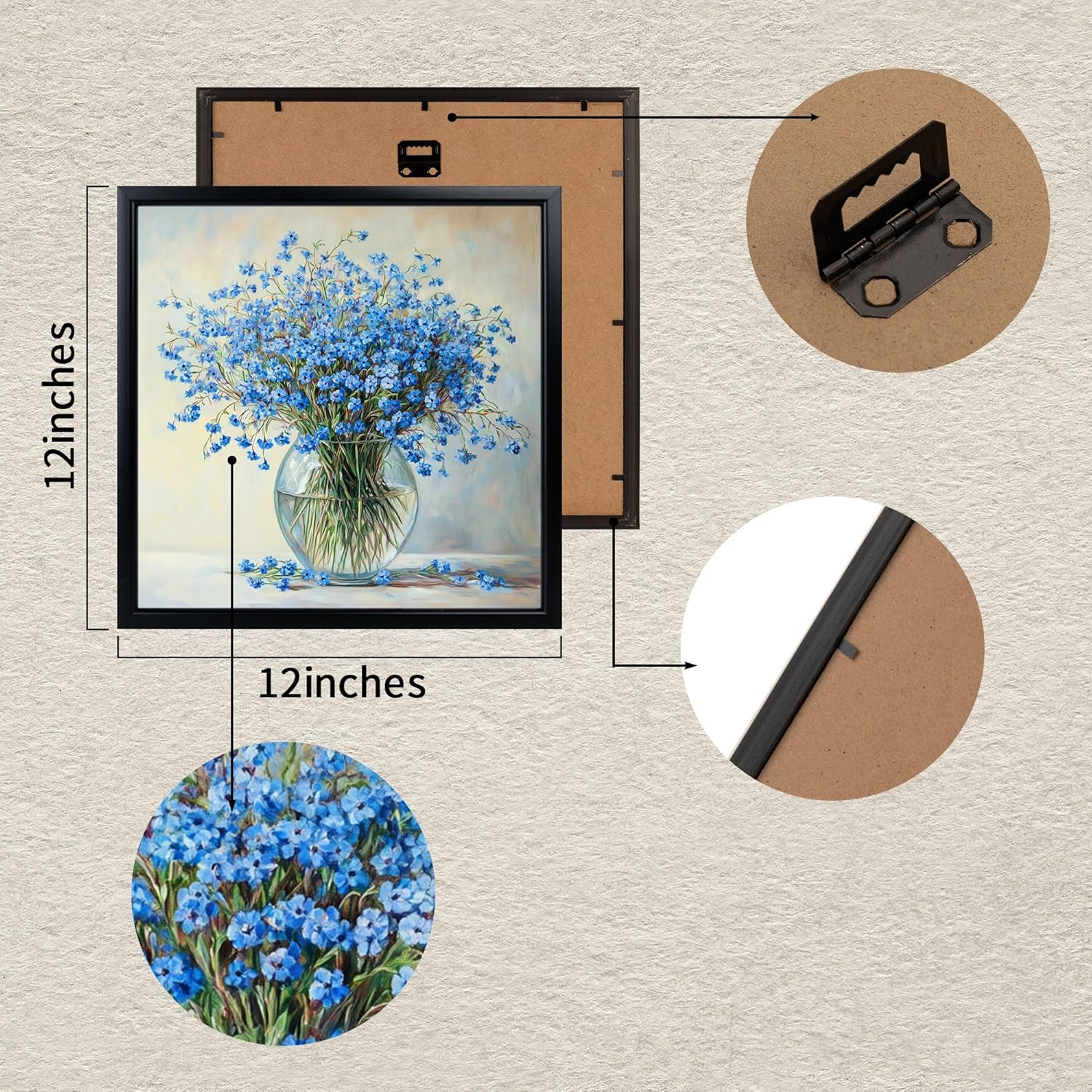 seteuret Flower Wall Art, Blue and Grey Wall Decor - Boho Bloom Room Decor for Bathroom Bedroom Living Room, 12"x12", 3Pcs