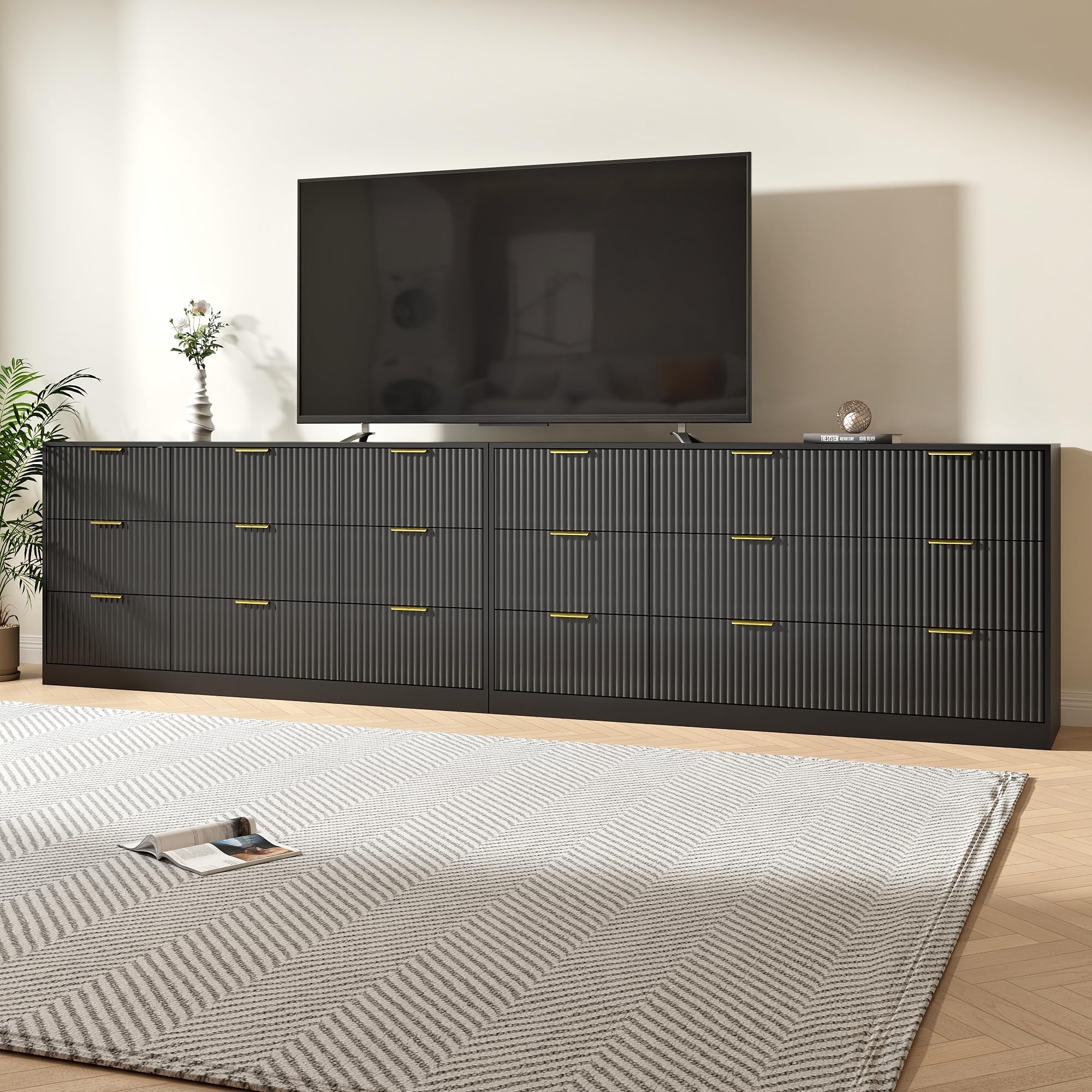 NOVAMAISON Large Black Dresser Set of 2 for Bedroom Wooden with 18 Drawers丨Fluted Modern Bedroom Furniture Set, TV Stand Dressers & Chests of Drawers for Closet (15.7