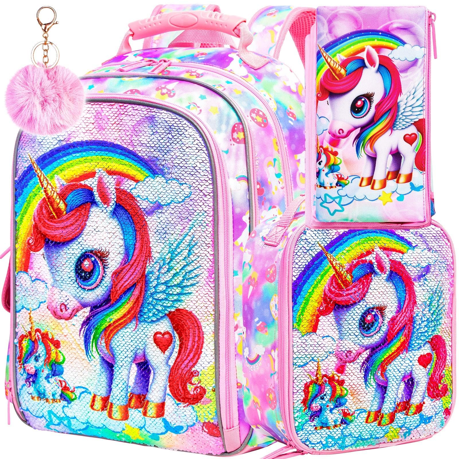KLFVB 3PCS Cat Uni Dinosaur Backpack for Girls and Boys, 16" Kids Bookbag and Lunch Box, Preschool Backpacks for Elementary