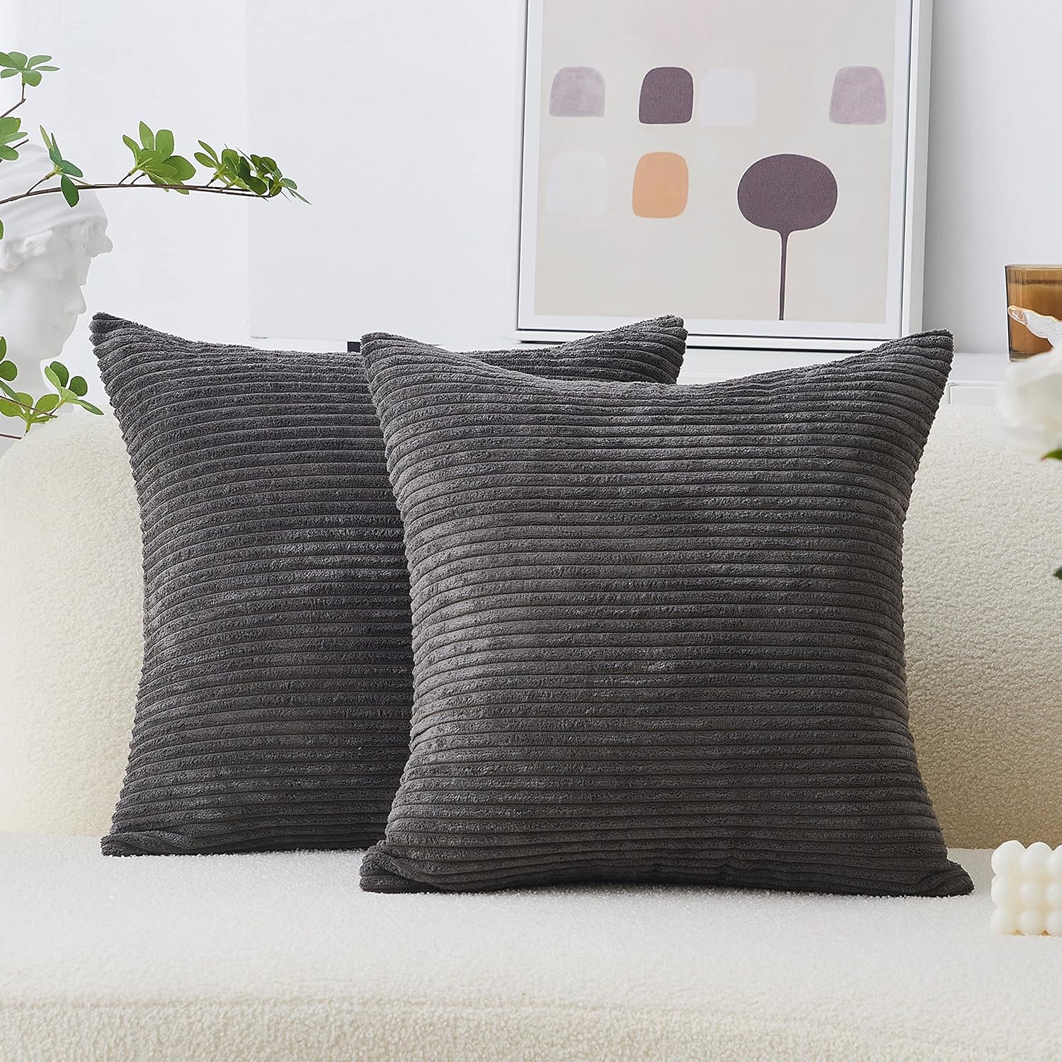 Home Brilliant Grey Cushion Cover Soft Striped Corduroy Square Decorative Throw Pillow Sofa Cushion Covers Set for Couch, 2 Pack, 45 x 45 cm, 18inch, Dark Grey