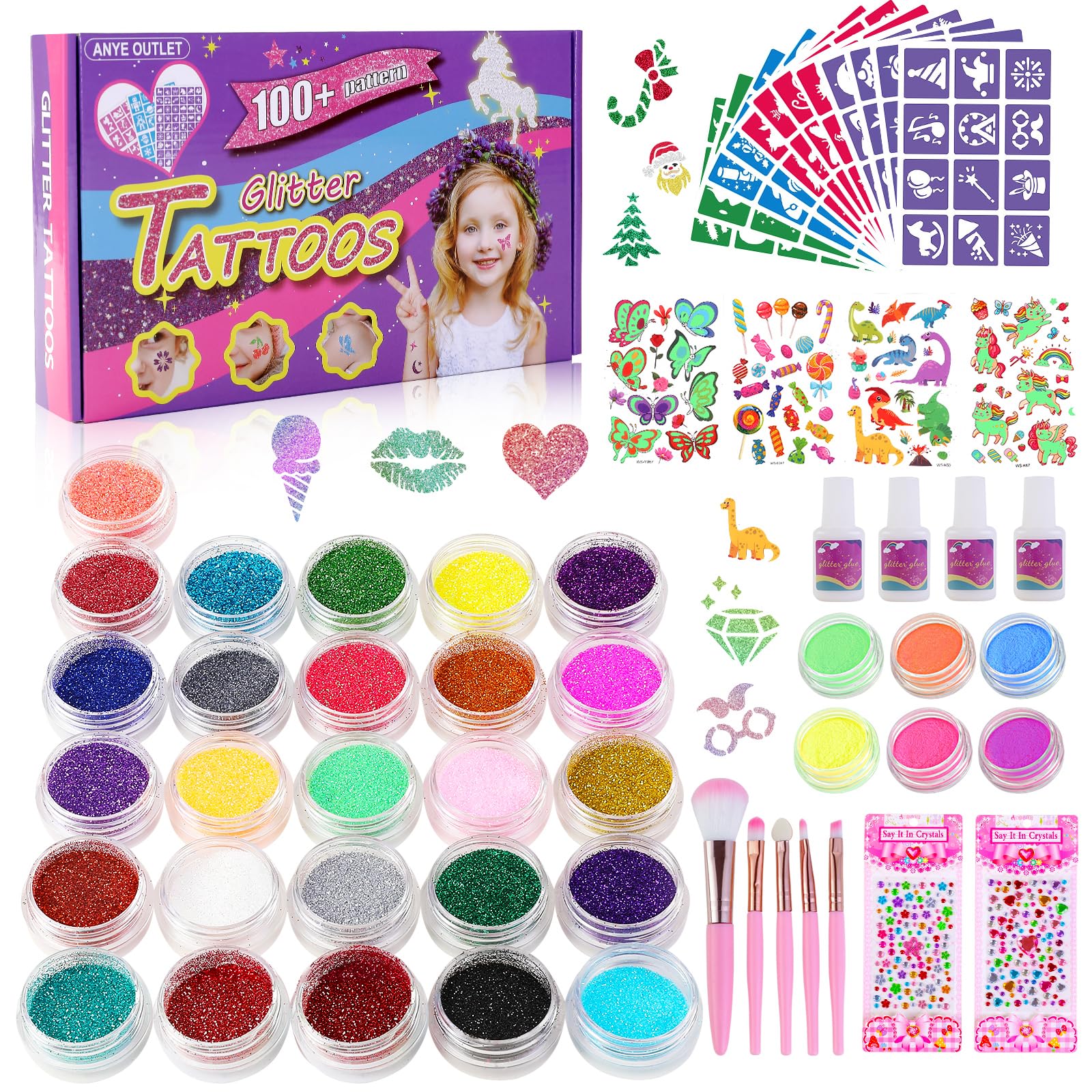 Glitzer Tattoo Set Kinder, Glitzertattoos Kinder Set, 32 Far