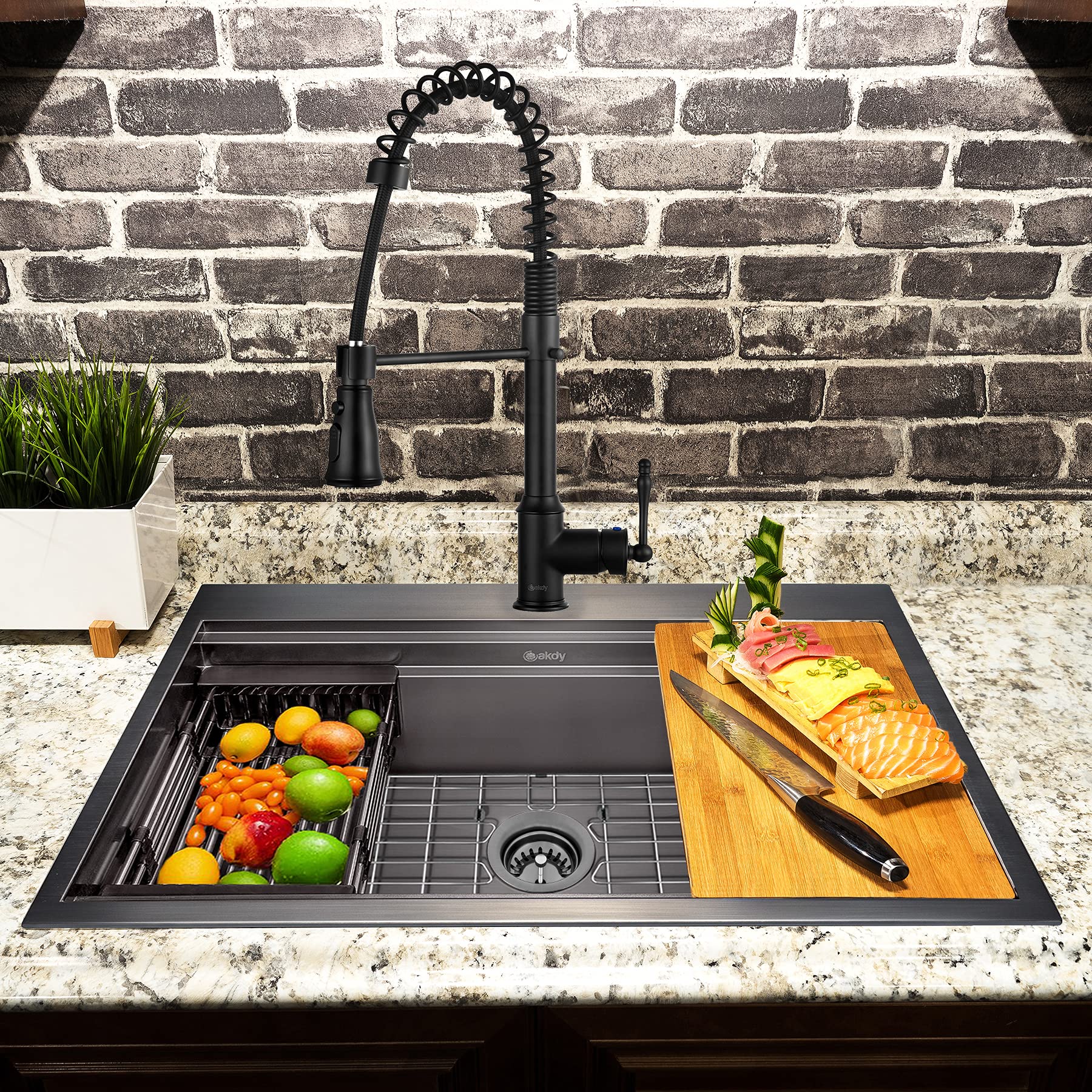 AKDY Gunmetal Matte Black Kitchen Sink and Faucet Combo, 33inch Drop