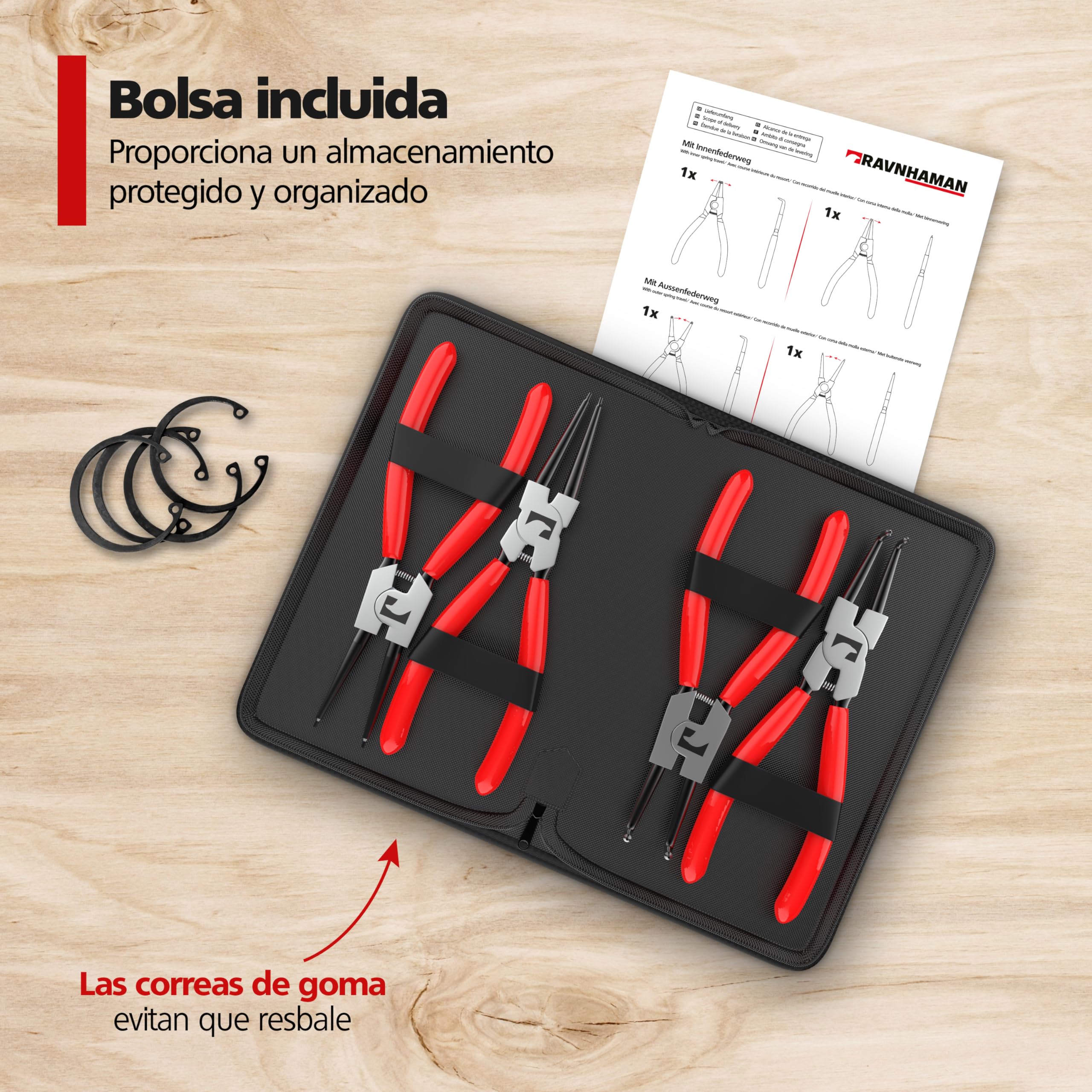 RAVN HAMAN 4 x Alicates Circlip 175 mm Rojo - - Alicates para arandelas con puntas de precisión - - Alicates circlip con mangos antideslizantes - - Alicates en bolsa de almacenamiento