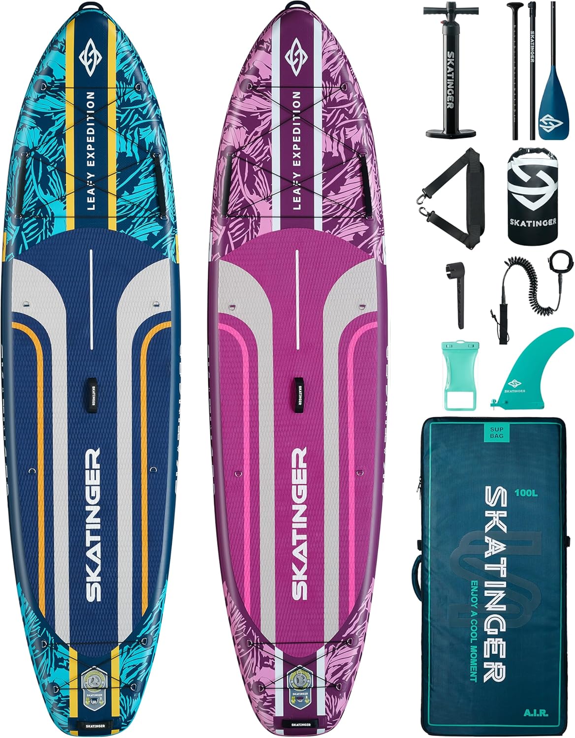 Skatinger Leafy Purple & Blue Bundle｜11'6"x35" Super Wide Inflatable Stand Up Paddle Boards, All Accessories2, 100L Backpack, Shoulder Strap, US Center fin, 2-Action Pump