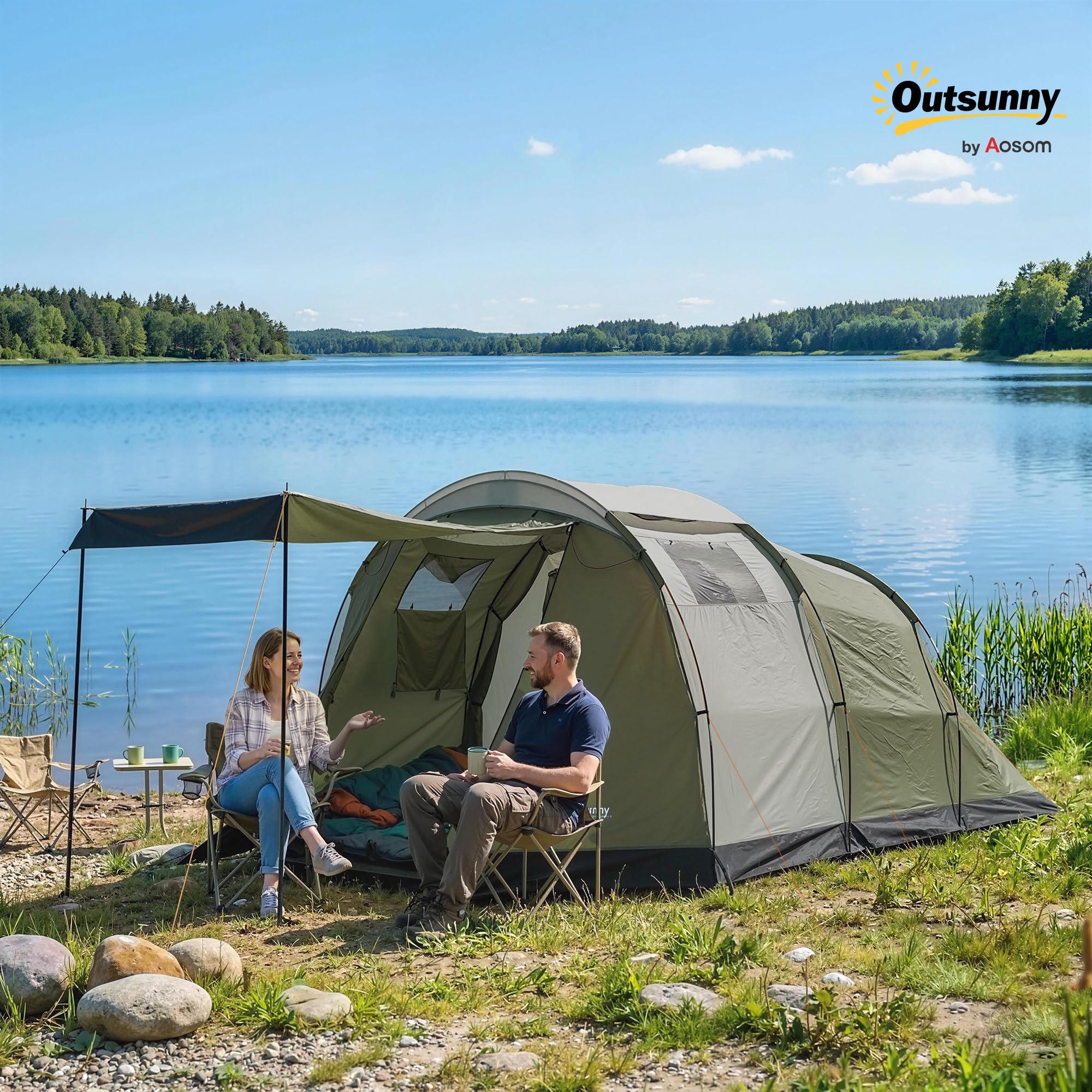 Outsunny Campingzelt für 3-4 Personen stabil wasserdicht Familienzelt mit Schlafkabine Vorraum Wohnbereich Kuppelzelt mit 3000mm Wassersäule Tunnelzelt Zelt für Camping Reise, Grün