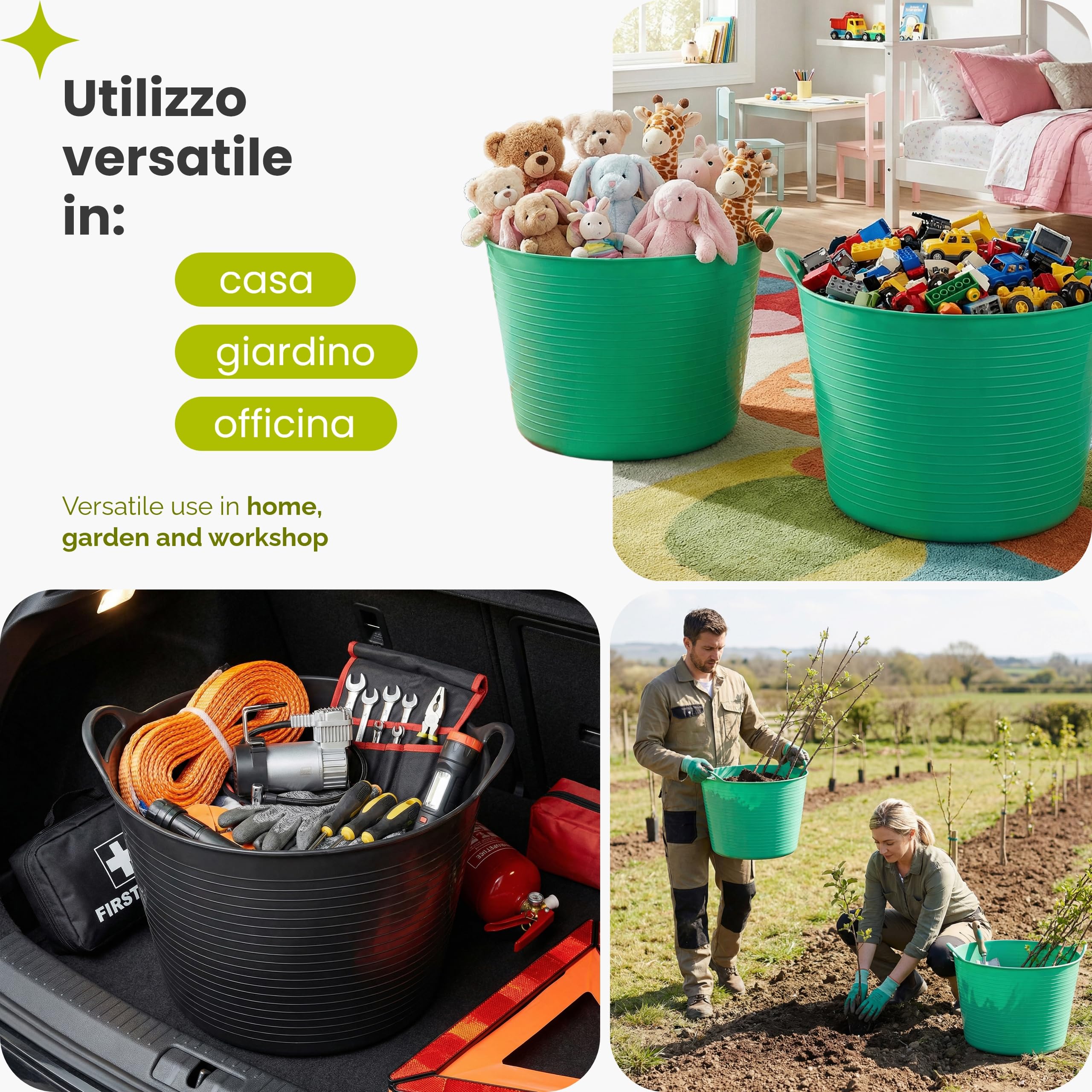 Garronda Set da 4 Cesti Multiuso in Plastica Flessibile 42 L per Casa Bagno Giardino e Giochi Bambini con Manici Ergonomici Organizzazione e Trasporto Nero GD-0184