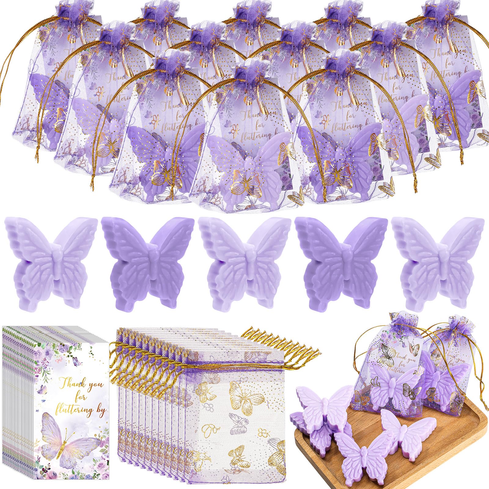 dunzy 50 set butterfly theme baby shower favors for guests butterfly soap favors with thanks you cards gift bags gender reveal baptism party decorations wedding bridal souvenirs purplelight purple
