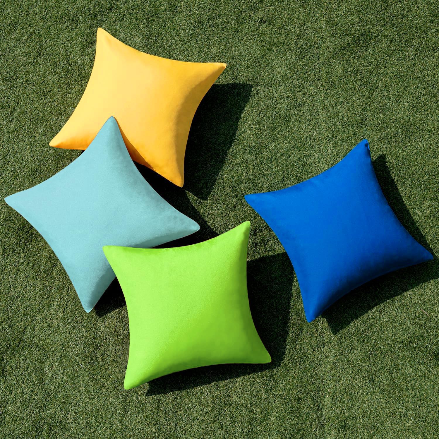VAKADO Outdoor Waterproof Throw Pillow Covers 16x16 Set of 4 Decorative Outside Patio Furniture Cushion Cases Outside Decor for Couch Garden Bench Porch (Aqua Bule Yellow Green)