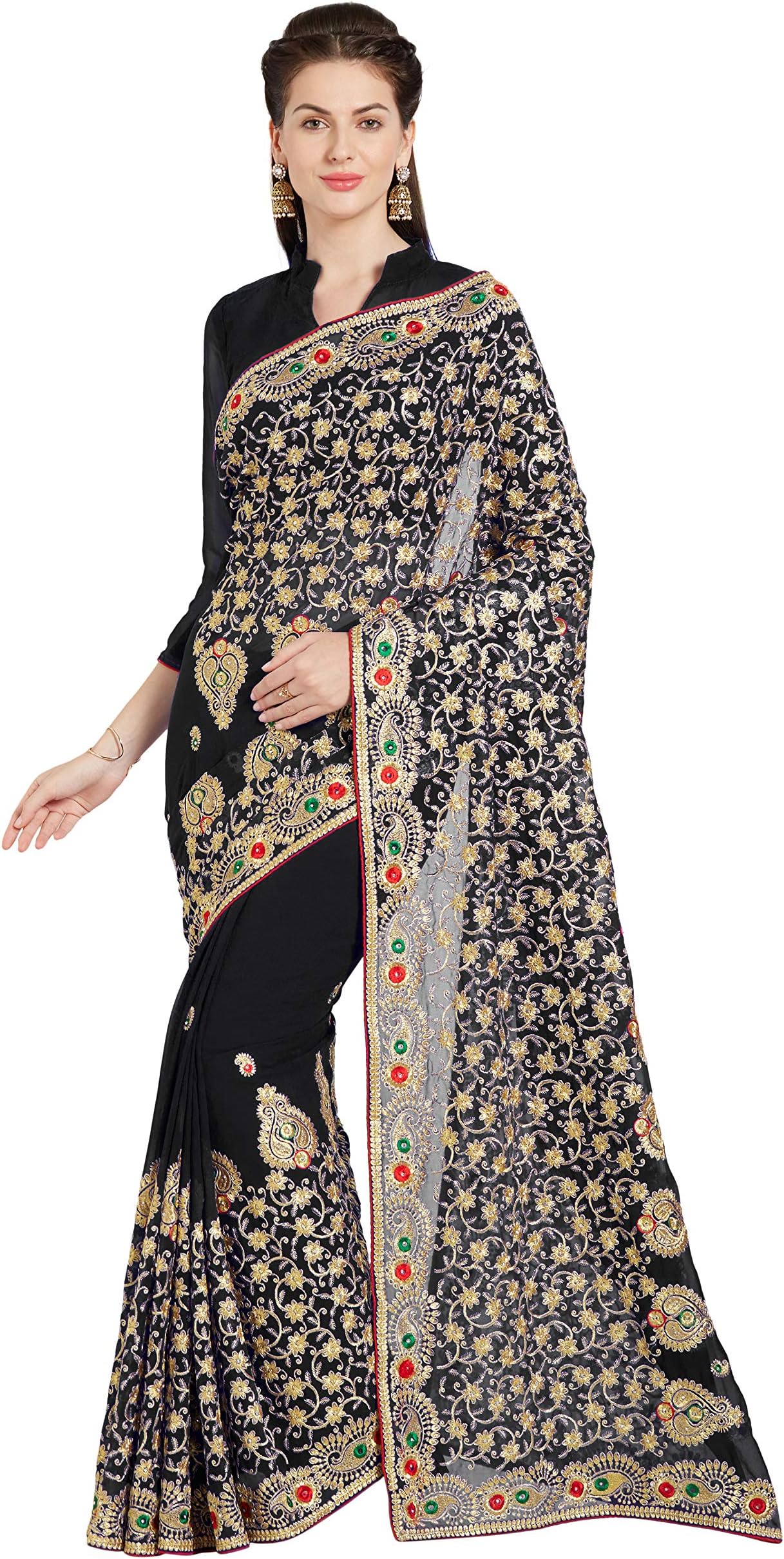 Women's Faux Georgette Bridal Wedding Saree Mirchi Fashion Embroidered Indian Sari (5240_Black), One Size