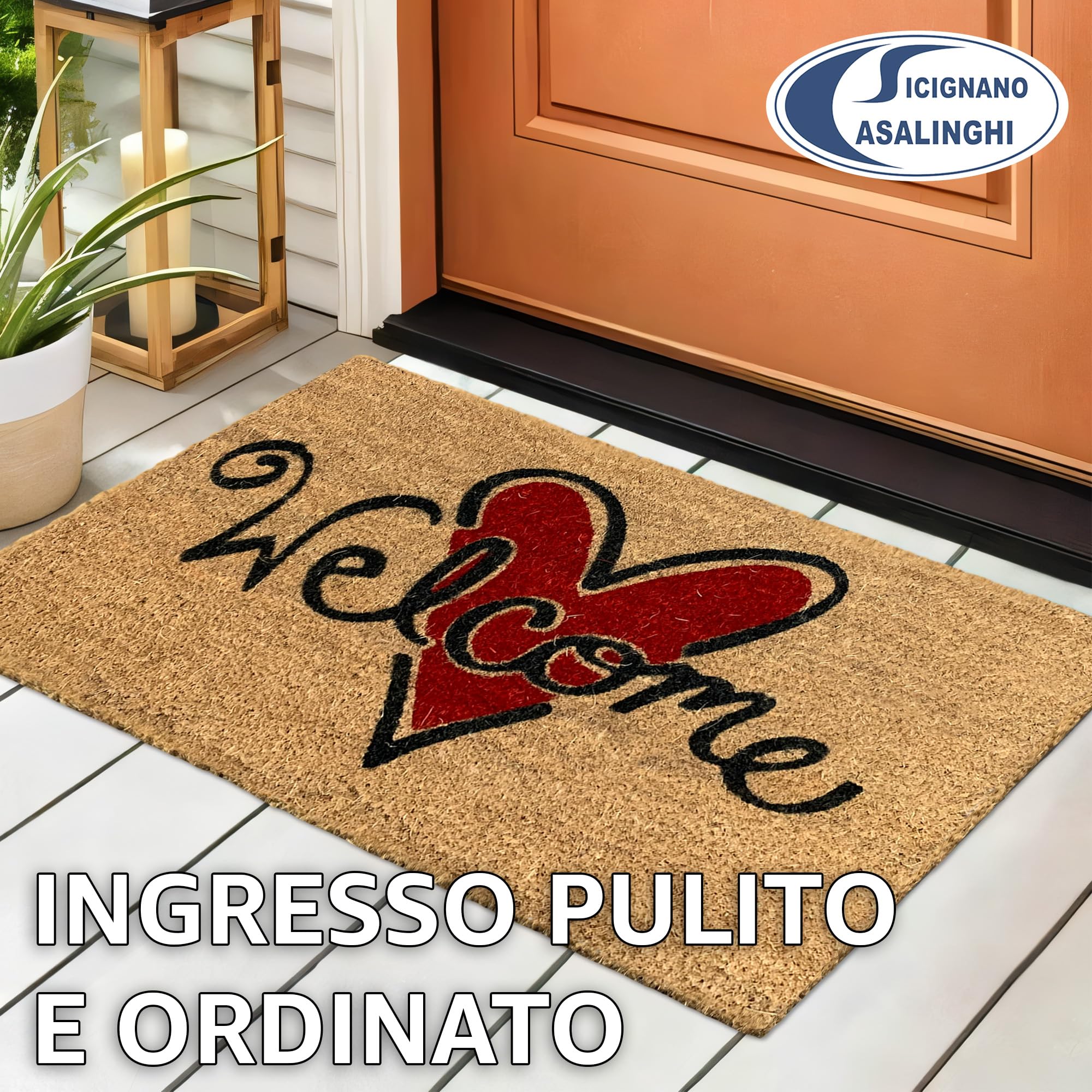 Sicignano - Paillasson en fibre de coco rectangulaire Gulliver 40 x 70 cm avec fond antidérapant - Tapis d'entrée extérieur intérieur, nettoyage maison bureau (1, Welcome)