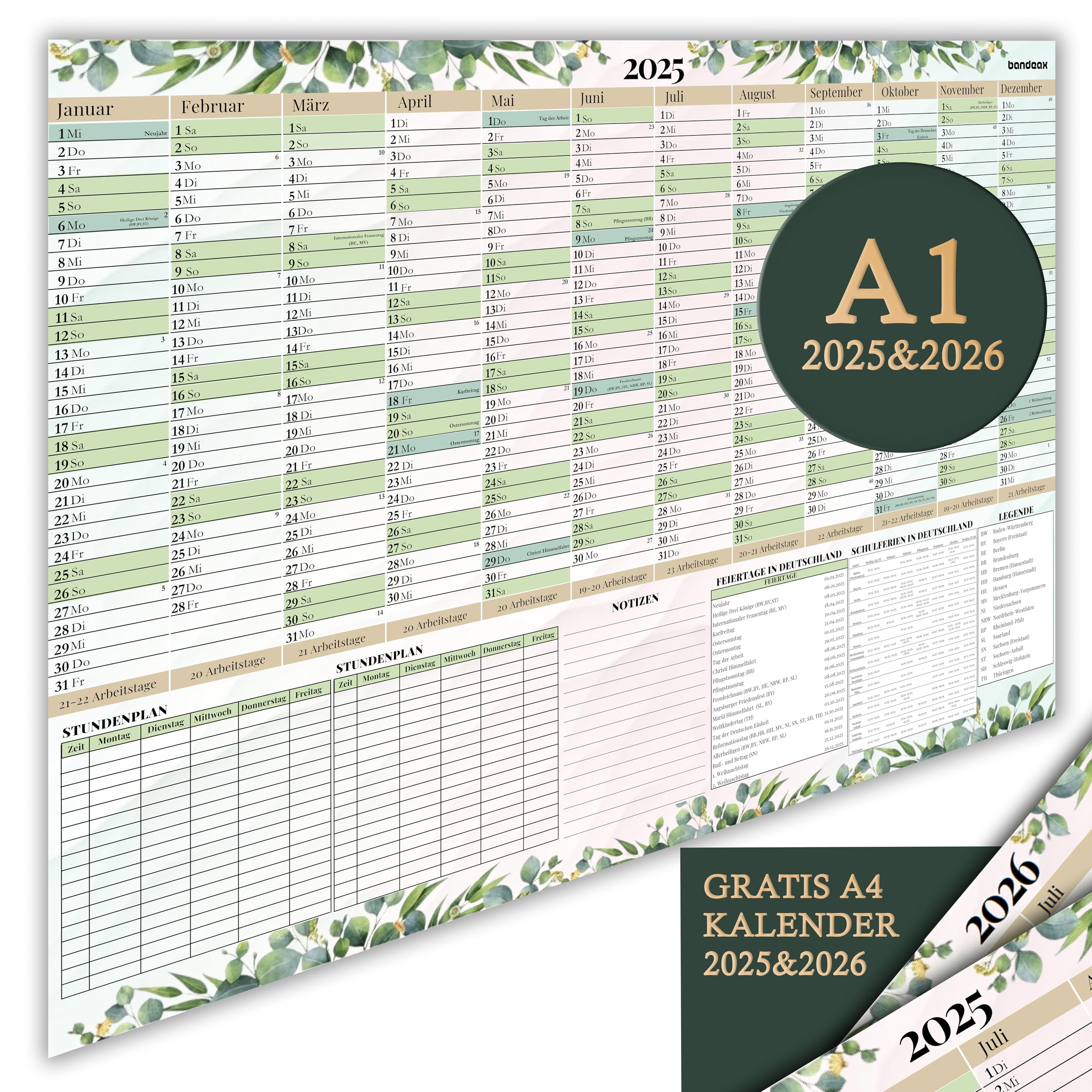 Calendario Da Parete 2025 A1 - Grande, Con Festività, Settimane E Spazio Per Appunti