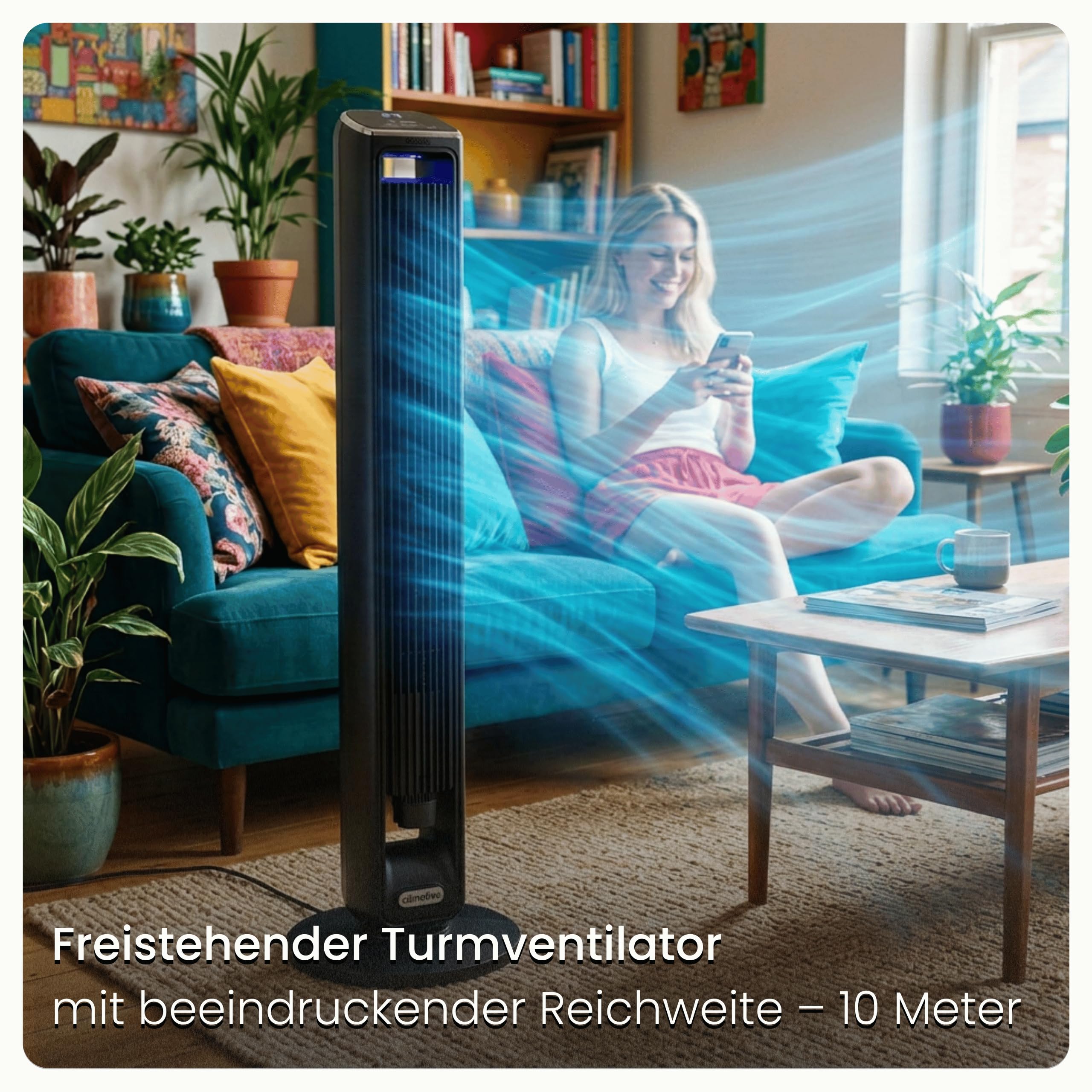 Turmventilator ION 107cm WiFi Tuya, Ionisator & großes Duftfach, Starker 6m/s Wind, 90° Oszillation, 15h Timer, LED Display, Design Standventilator, Tower Fan, Ventilator