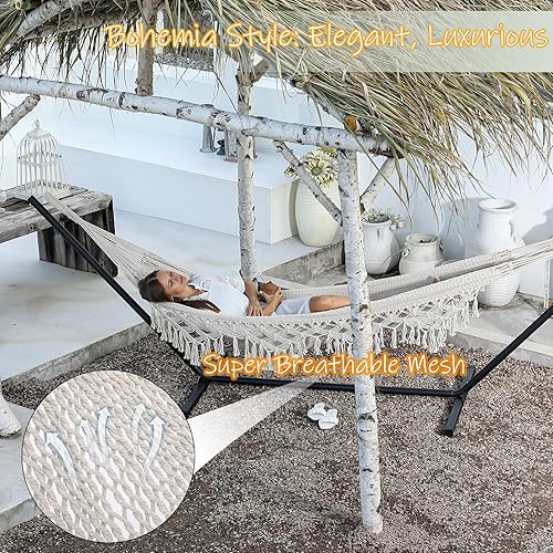 Miniatura 2 de ZEAN Hamaca tejida a mano con borlas de cuerda de algodón gruesa XL Hamaca para dos personas para patio exterior, jardín, playa, capacidad de 550