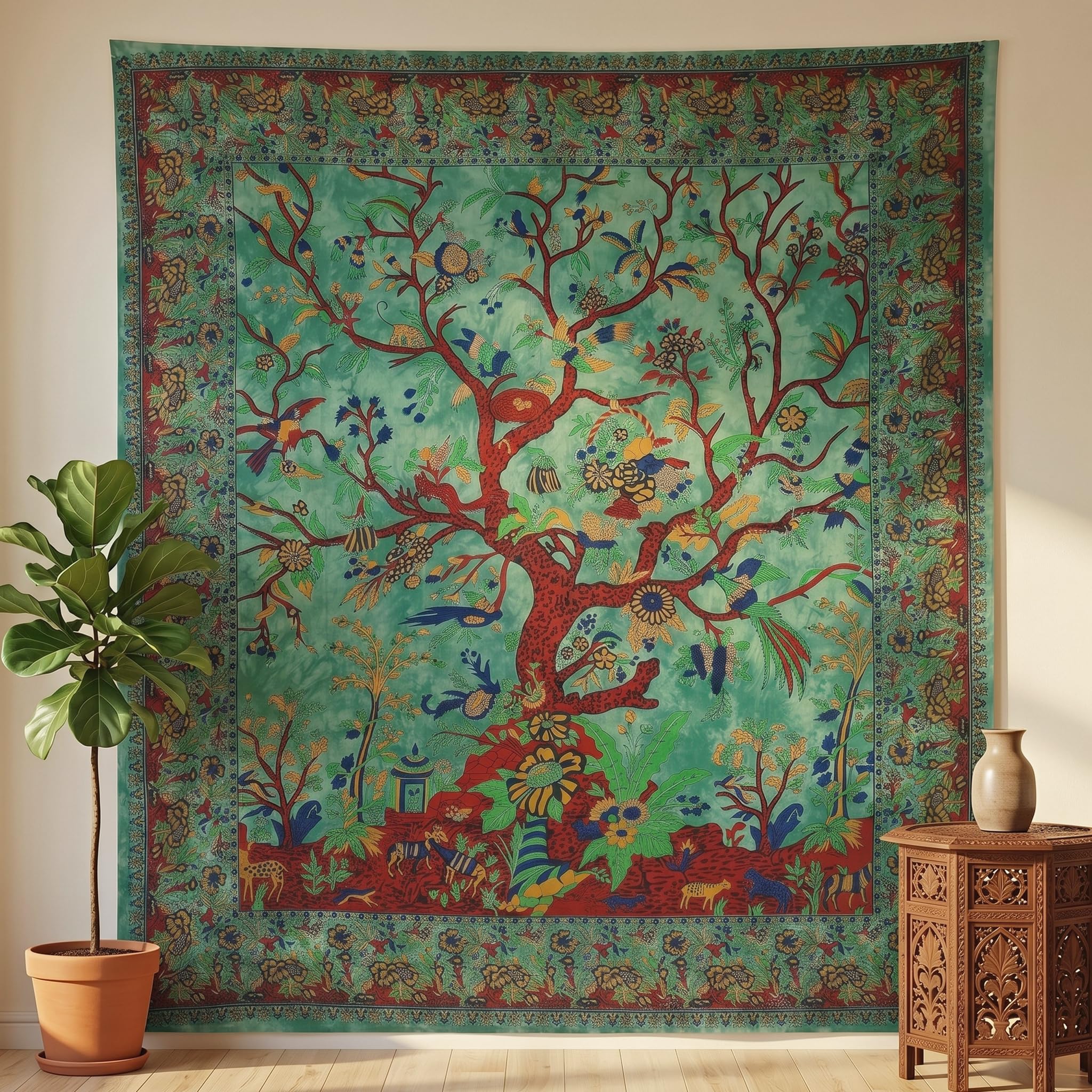 THE ART BOX - vert arbre de vie tenture murale tapisserie, tapisseries psychédéliques, couvre-lit double en coton indien, plaque de pique-nique, décoration murale, art mural de plafond