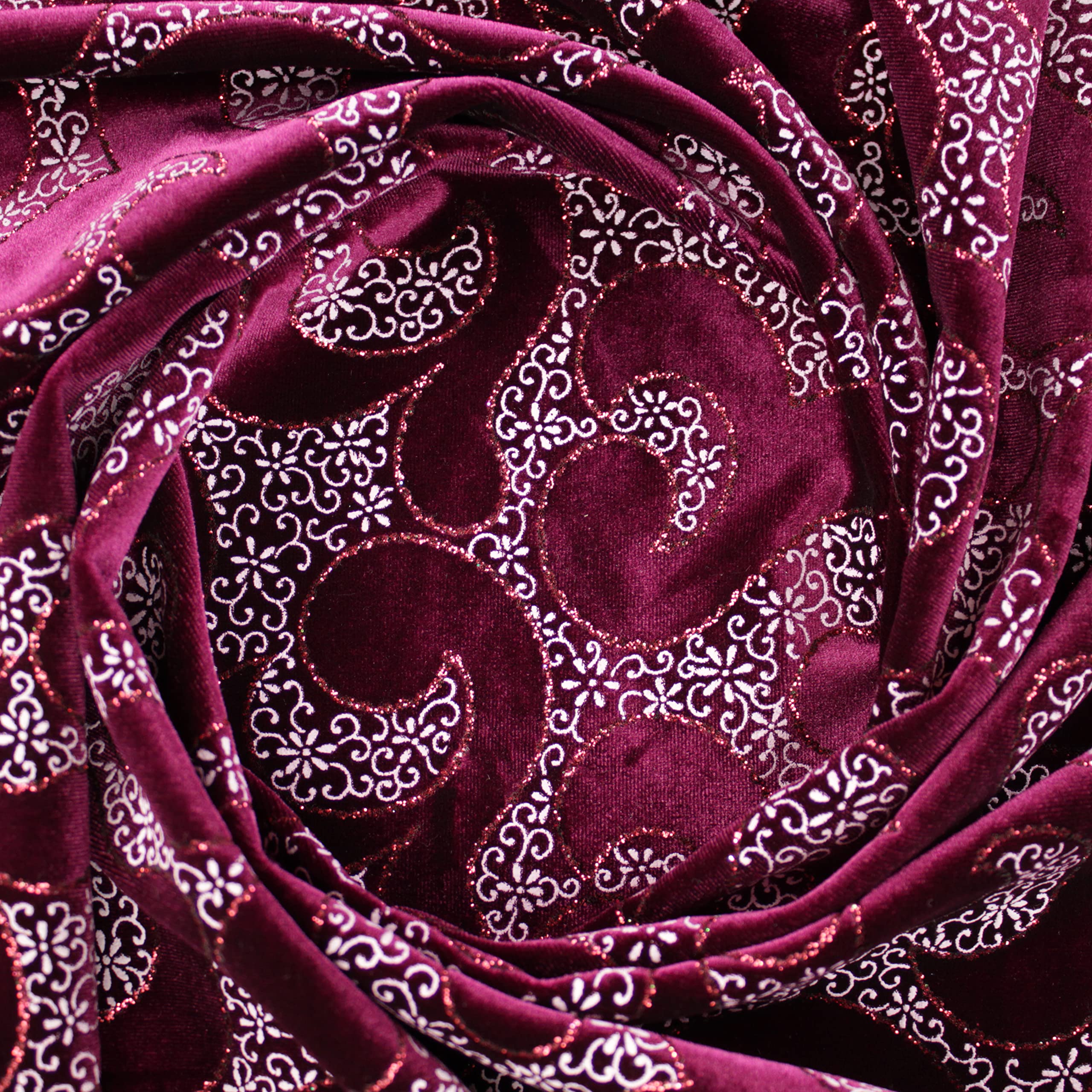 TERCIOPELO ELÁSTICO POR METROS CON ESTAMPADO ABSTRACTO DE PURPURINA, ANCHO150cm (BURDEOS, 3)