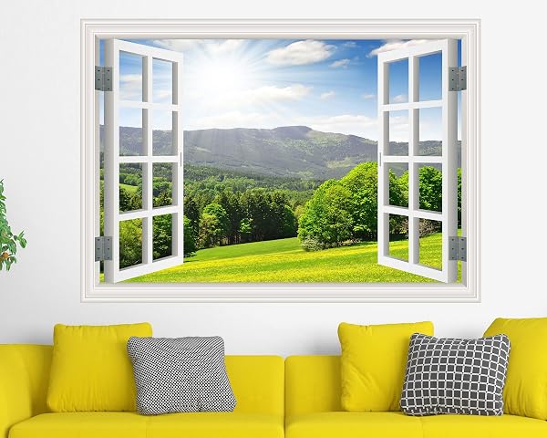 FLFK Fake Window Wall Sticker - Landscape Faux Window Wall Mural for Wall Decor, Stick and Peel Wall Decals,48"x32",Set of 2 Sheets - 3