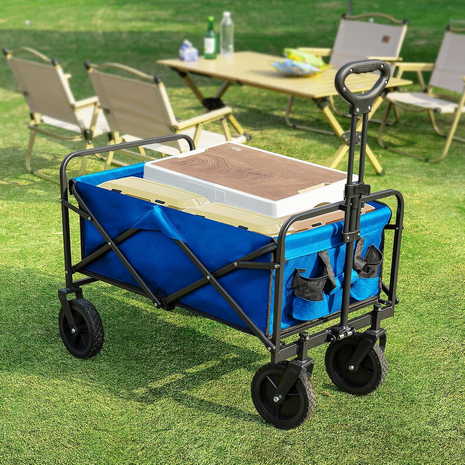 sweetcrispy foldable wagon cart, collapsible large capacity garden beach cart, heavy duty utility grocery wagon with drink holders for shopping sports camping blue 170l