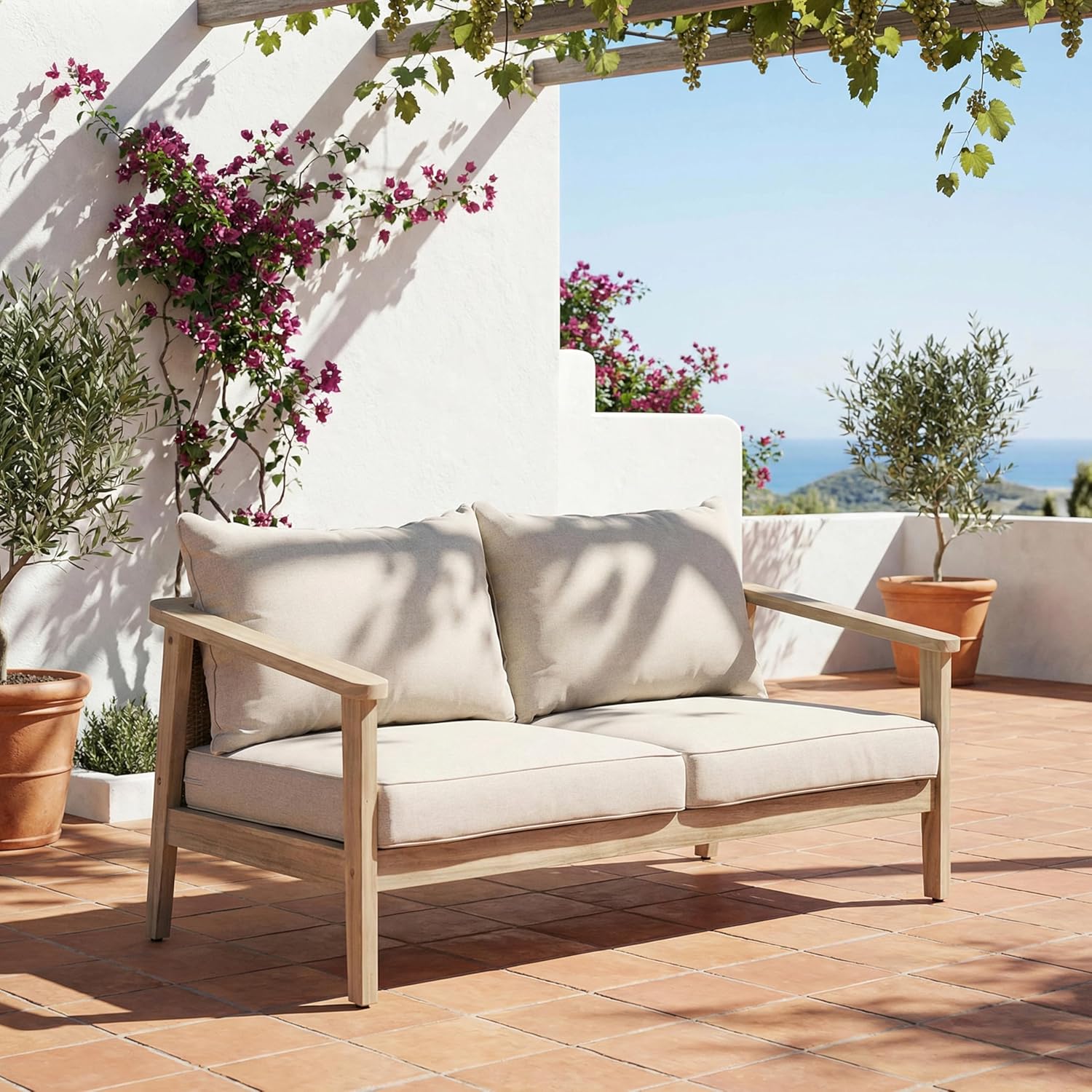 Christopher Knight Home Hartford Acacia Wood Outdoor Loveseat Sofa, Solid Wood Patio 2 Seater Sofa with Removable Cushion, Comfy Lounge Sofa Outdoor with Wicker Backrest, Light Brown+Beige