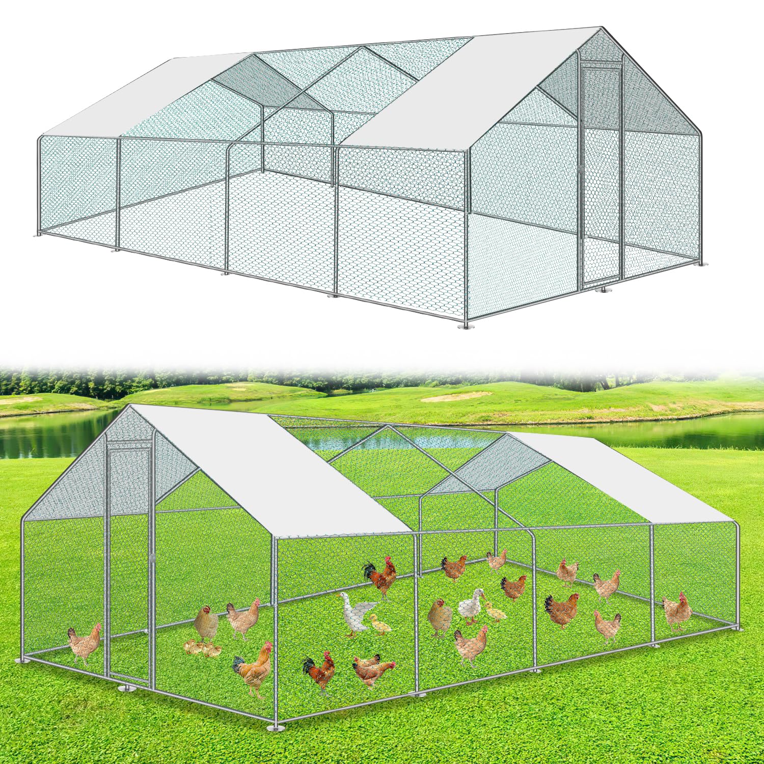 Poulailler 24 m² 3x8x2 m métal avec Serrure et Porte