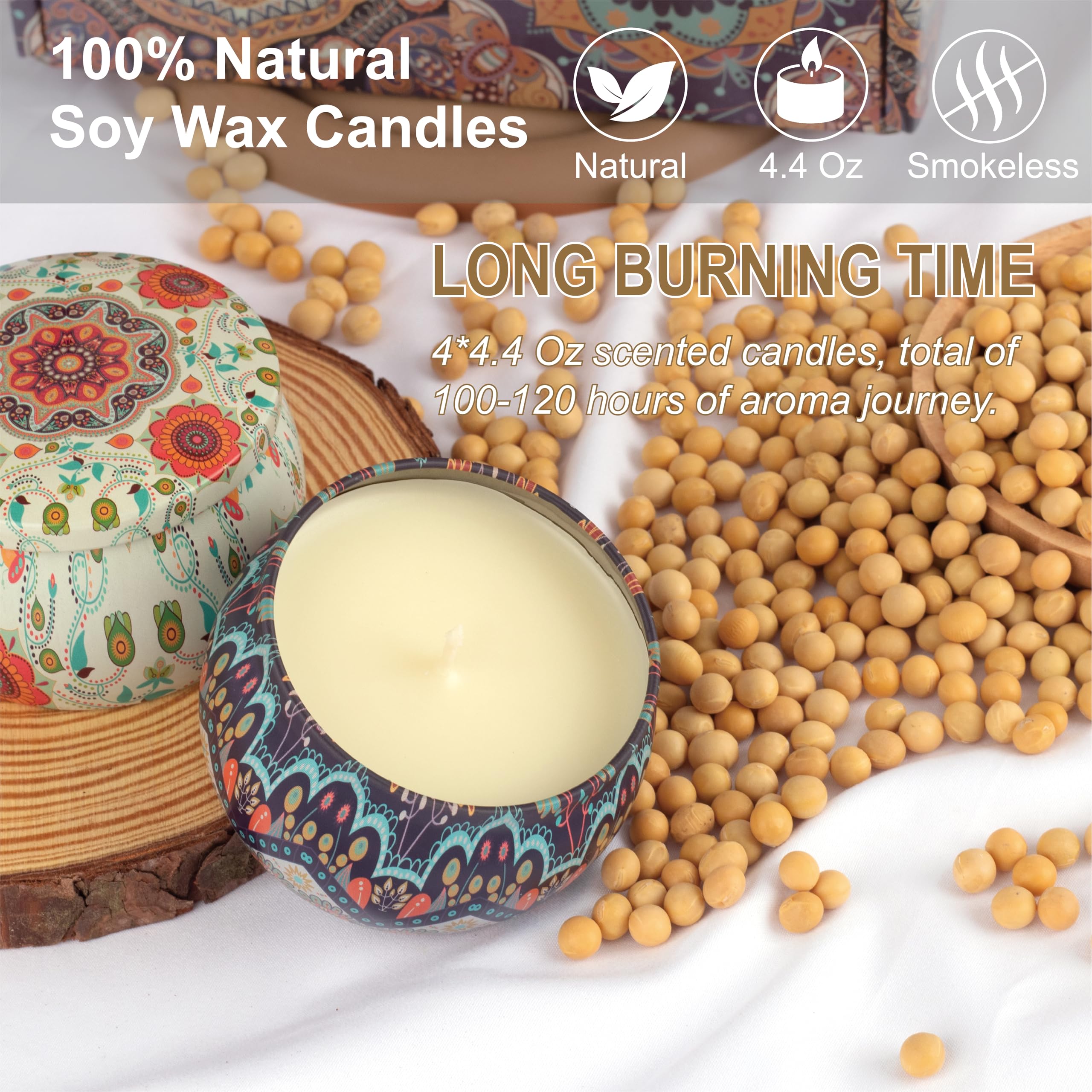 Vela Aromáticas Velas Perfumadas - 4 Candle Cera de Soja Natural 125g Cada Una Caja de Regalo para Mujer Aromaterapia para Relajación Yoga Navidad Día de San Valentín Cumpleaños