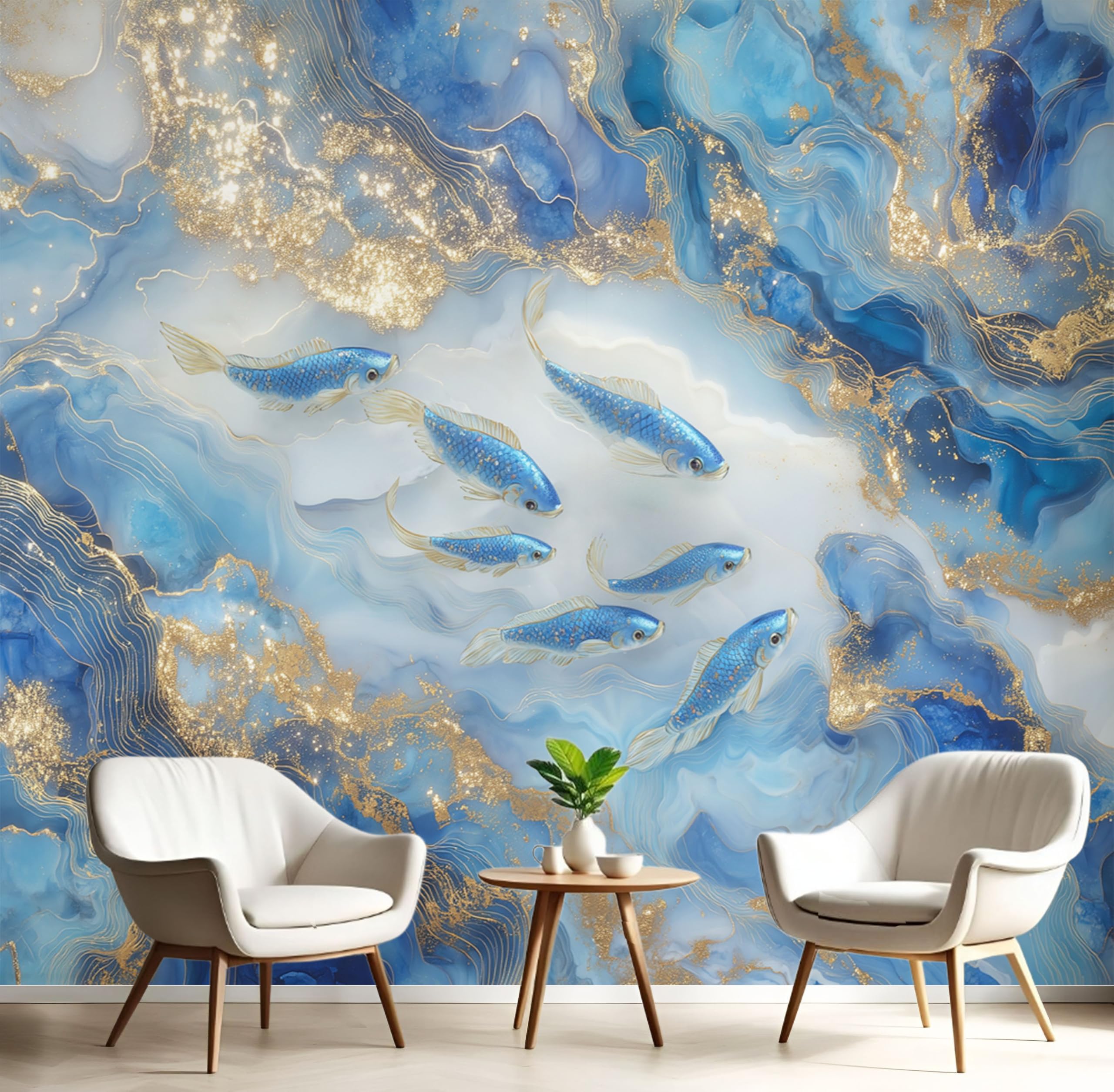 Papier Peint Panoramique Bleu Marine d'Exception avec Poisson Feuille d'Or pour Salon