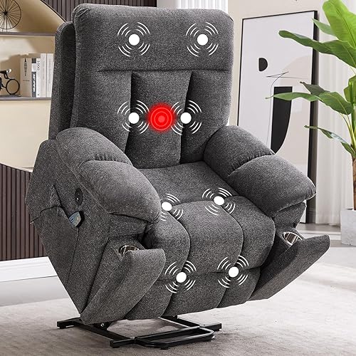 CANMOV Large Power Lift Recliner Chair with Massage and Heat for Elderly Big and Tall People, Overstuffed Wide Recliners with 2 Cup Holders, Side Pocket and USB Port, Dark Grey