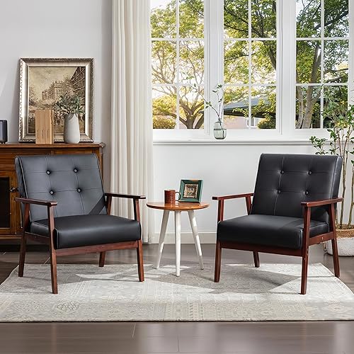 Miniatura 8 de Sillón con diseño retro de mediados de siglo, moderno, con reposabrazos de madera, tapizado, respaldo acolchado, tamaño del asiento 24.4 pulgadas