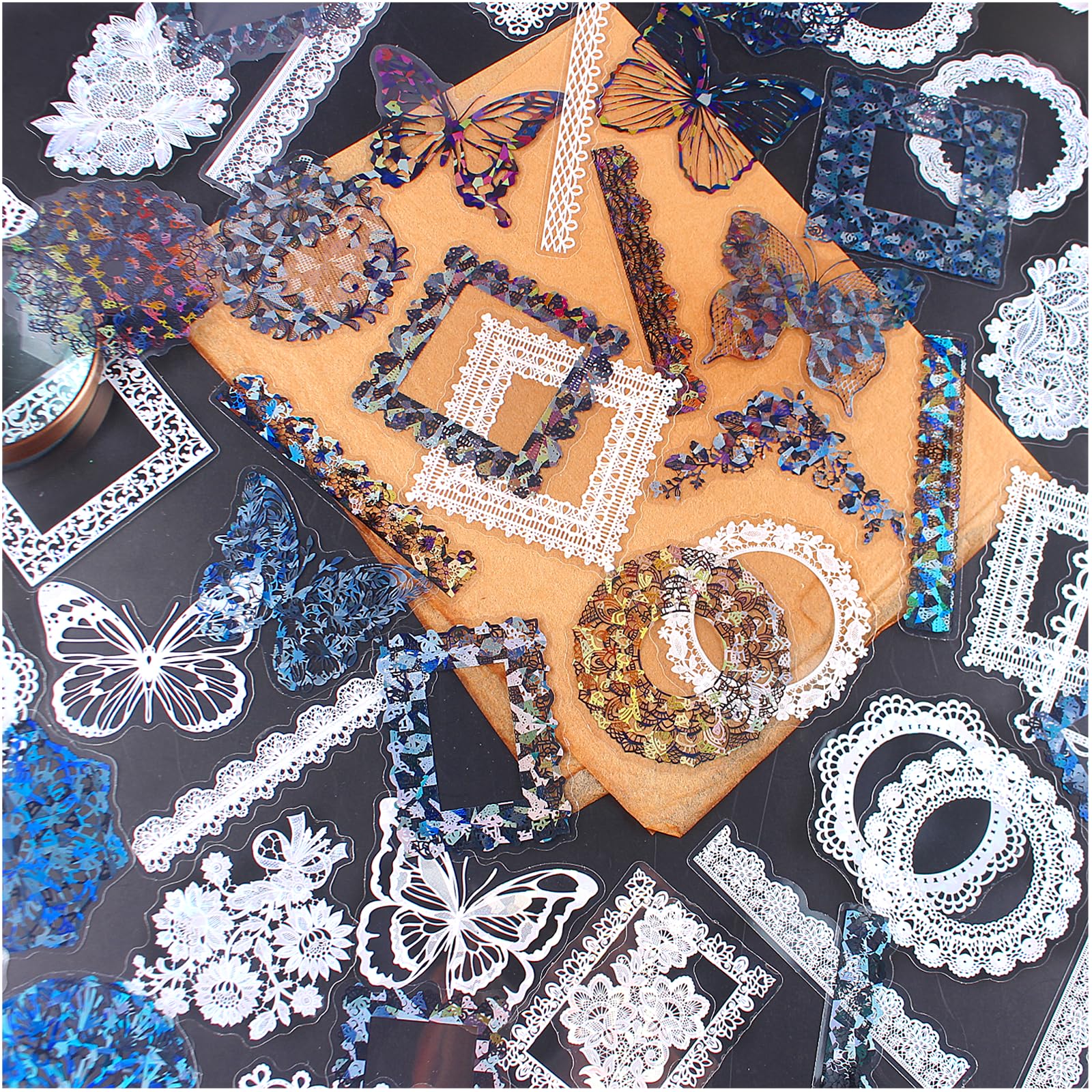 120Pcs PET Transparent Lace Stickers for Scrapbooking, Waterproof Holographic Stickers Set for Junk Journaling Embellishments Wedding Supplies, Planners Decorations
