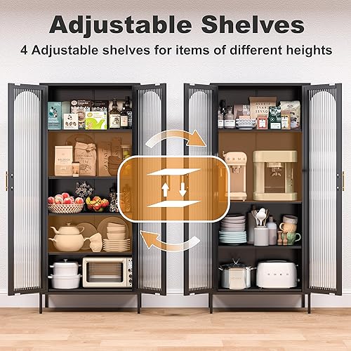 Miniatura 6 de Gabinete de almacenamiento de metal, gabinete de despensa de cocina de 71 pulgadas con puertas de cristal, gabinete alto con puertas y estantes,