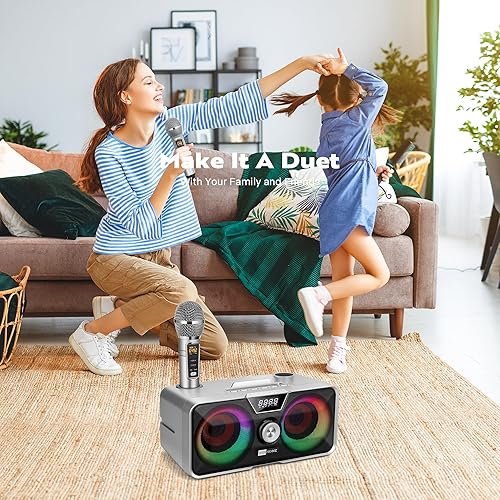 Miniatura 2 de VIVOHOME Máquina de karaoke Altavoz Bluetooth portátil con 2 micrófonos inalámbricos, luces LED para fiestas, cumpleaños, bodas, actividades al aire