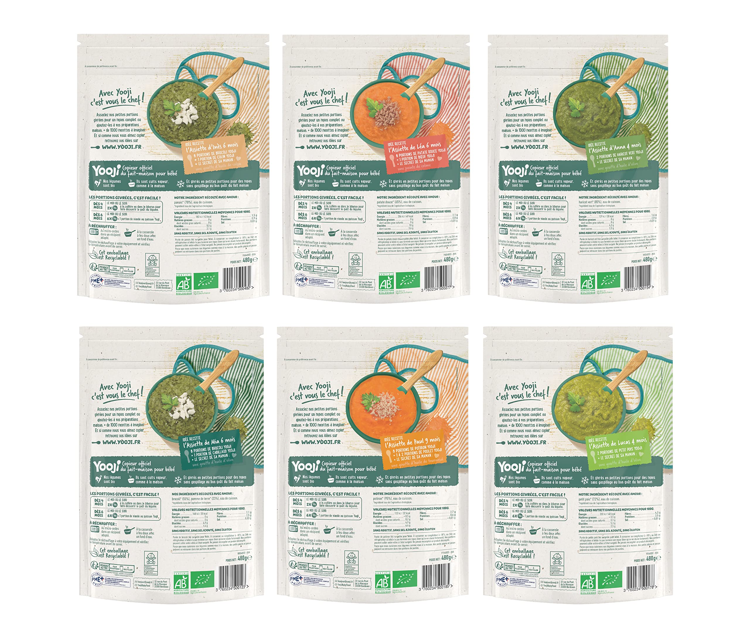 Yooji - 32 Repas Bio Pour Bébé dès 4 Mois Spécial Diversification Alimentaire - Purées de Légumes Lisses - Petit Pois, Potiron, Brocoli, Patate douce, Panais - Lot de 8x480g