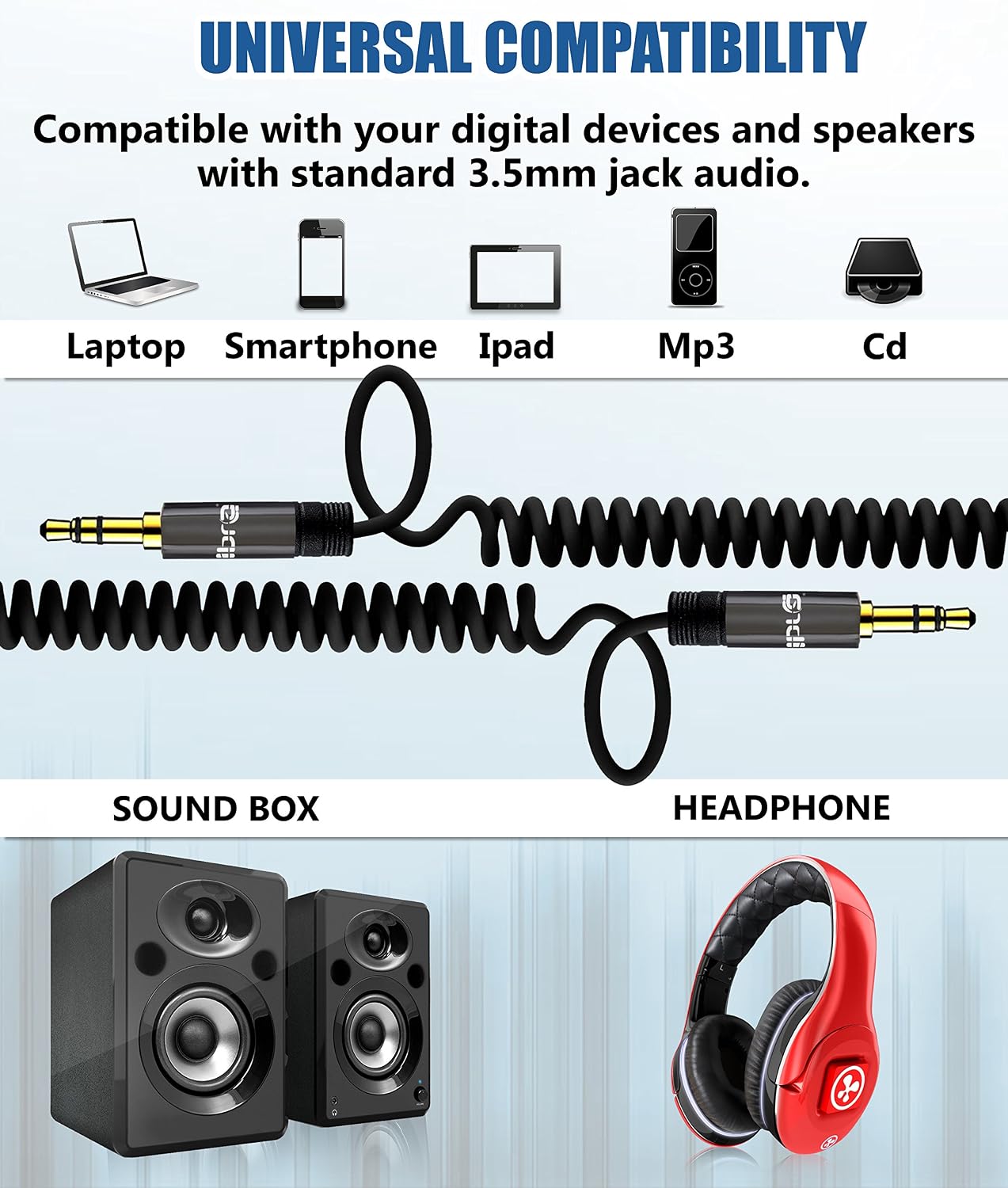 Spiral Aux Cable, IBRA 3.5mm Auxiliary Nylon Audio Cable (6ft / 2m) for Headphones, iPods, iPhones, Beats, Home/Car Stereos etc - Gun Metal