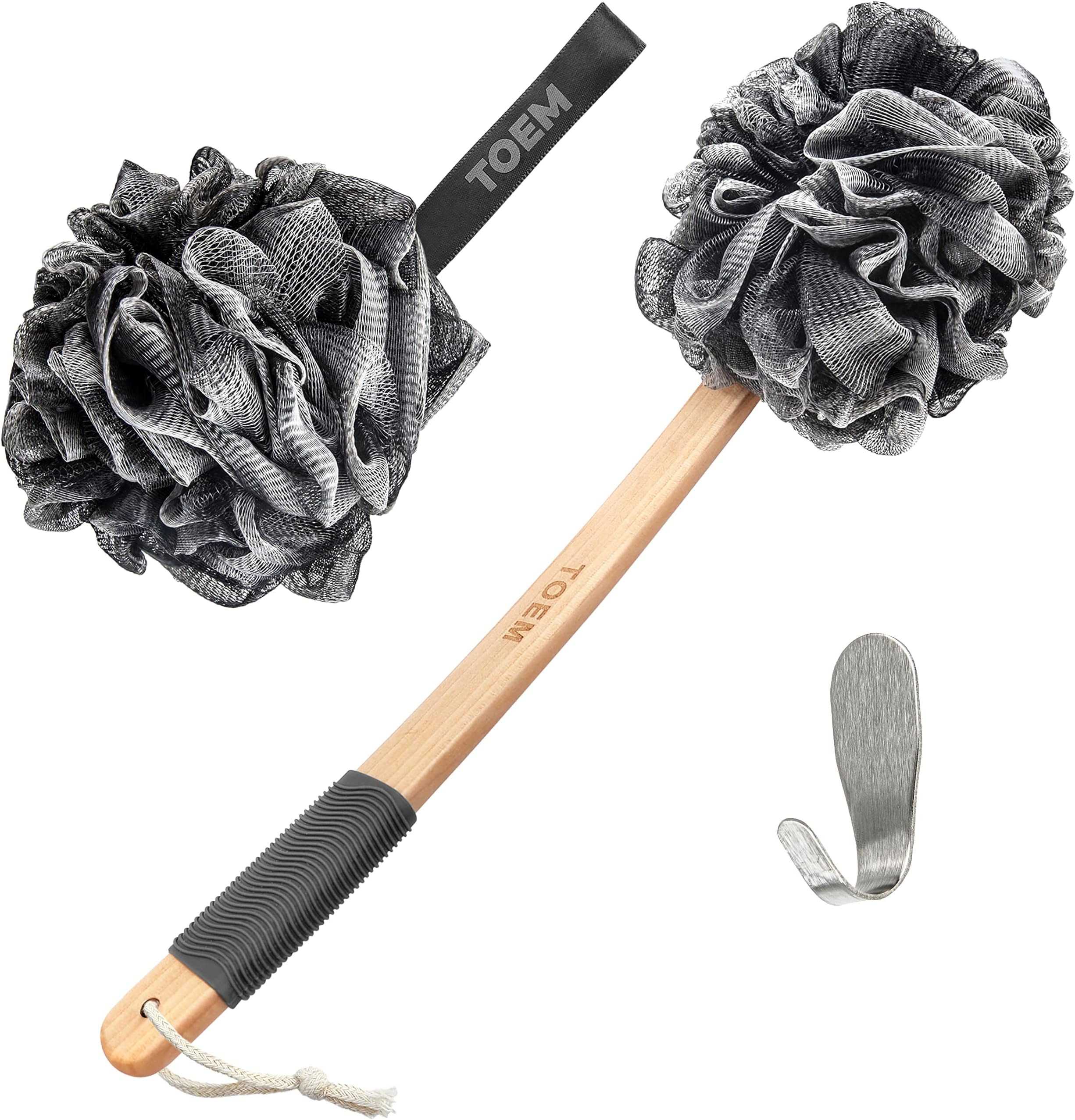 Toem® Loofah Back Scrubber for Shower | Bamboo Charcoal Fiber Infused | Loufas for Men & Women | Includes 1 Long Handled Shower Sponge, 1 Bath & Shower Luffa Pouf & 1 Hook to Hang Stuff (Slate Grey)