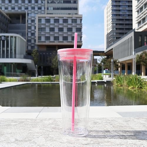 Miniatura 9 de Vaso de 24 onzas con tapa y popote, a prueba de fugas y aislamiento de doble pared, vaso de plástico reutilizable, para café helado, sin BPA, cabe