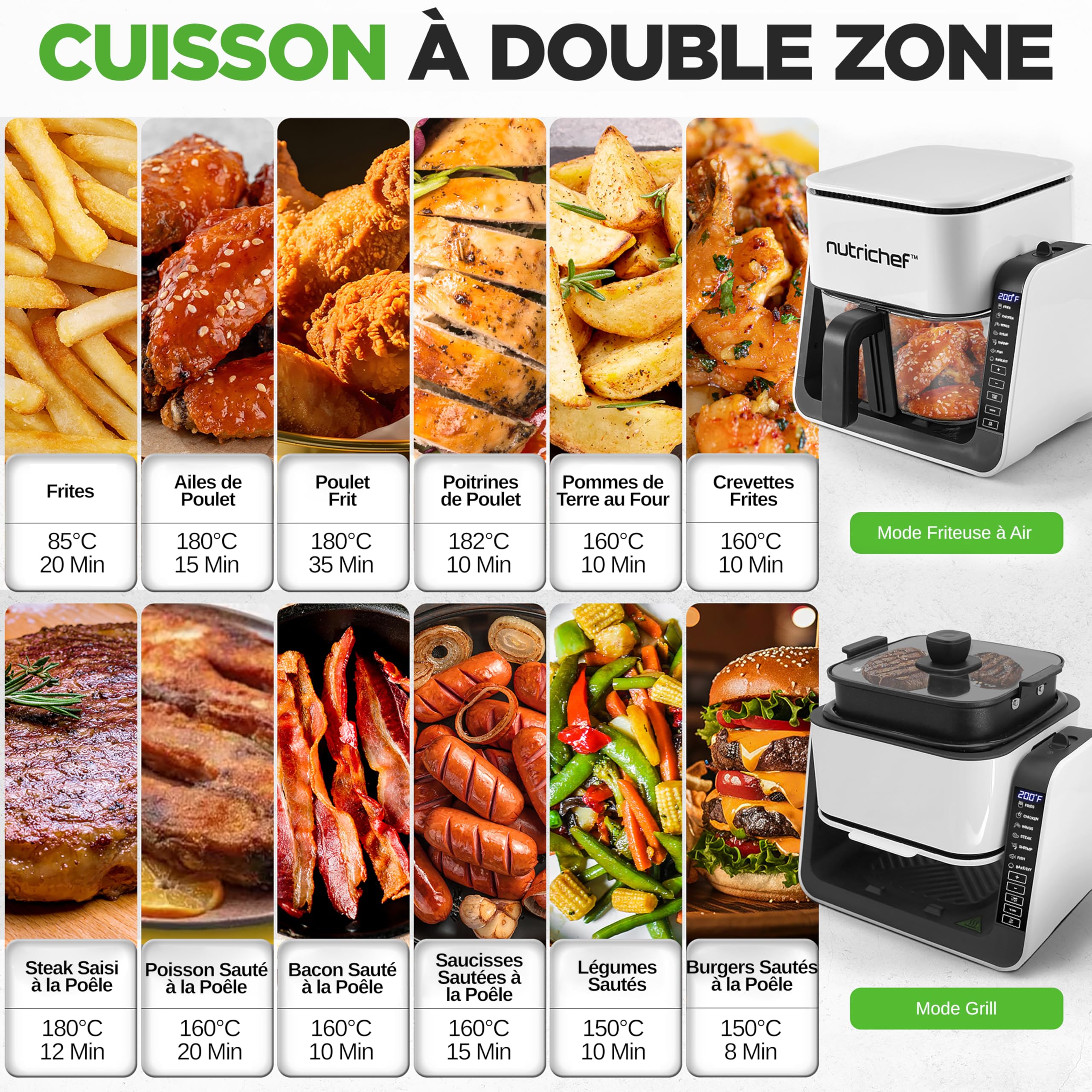 NutriChef Friteuse à Air avec Gril 1500W – Air Fryer à Bol en Verre Transparent 4L & Gril 1,2L, Double Niveau, 8 Programmes | Friteuse Sans Huile Frites, Ailes, Steaks