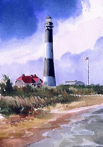 Faro de Fire Island, Nueva York, Retrato para nevera de 3.5 x 5. Cielo dramático, torre de rayas blancas y negras en la playa. Pintura de acuarela