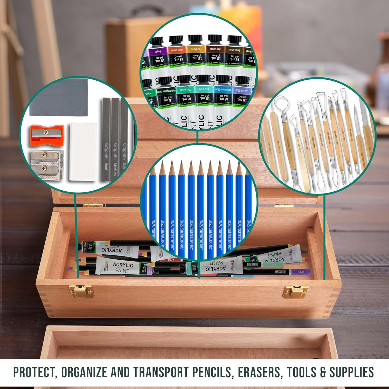 U.S. Art Supply Multi-Function Artist Tool Supply Box with Locking Clasps & Removable Tray - Wooden Art Box for Artist Supplies, Brushes, Pencils, Erasers, Tool Storage Organizer Case