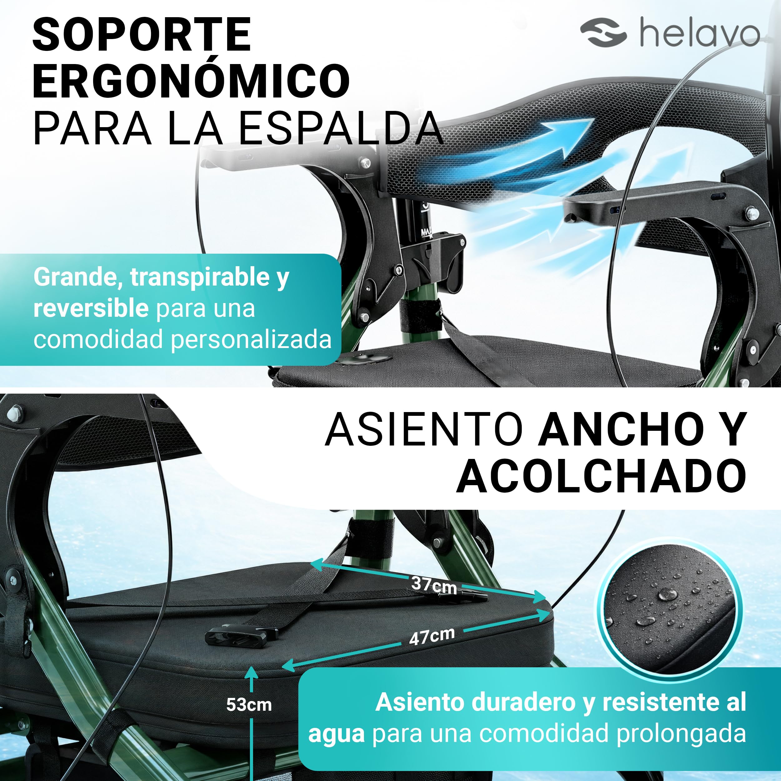 Helavo Rollator y Silla de Ruedas 2 en 1 con Ruedas Todoterreno – Andador Ligero con Función Silla de Ruedas, Plegable, Altura Ajustable, Capacidad de Carga hasta 136 kg
