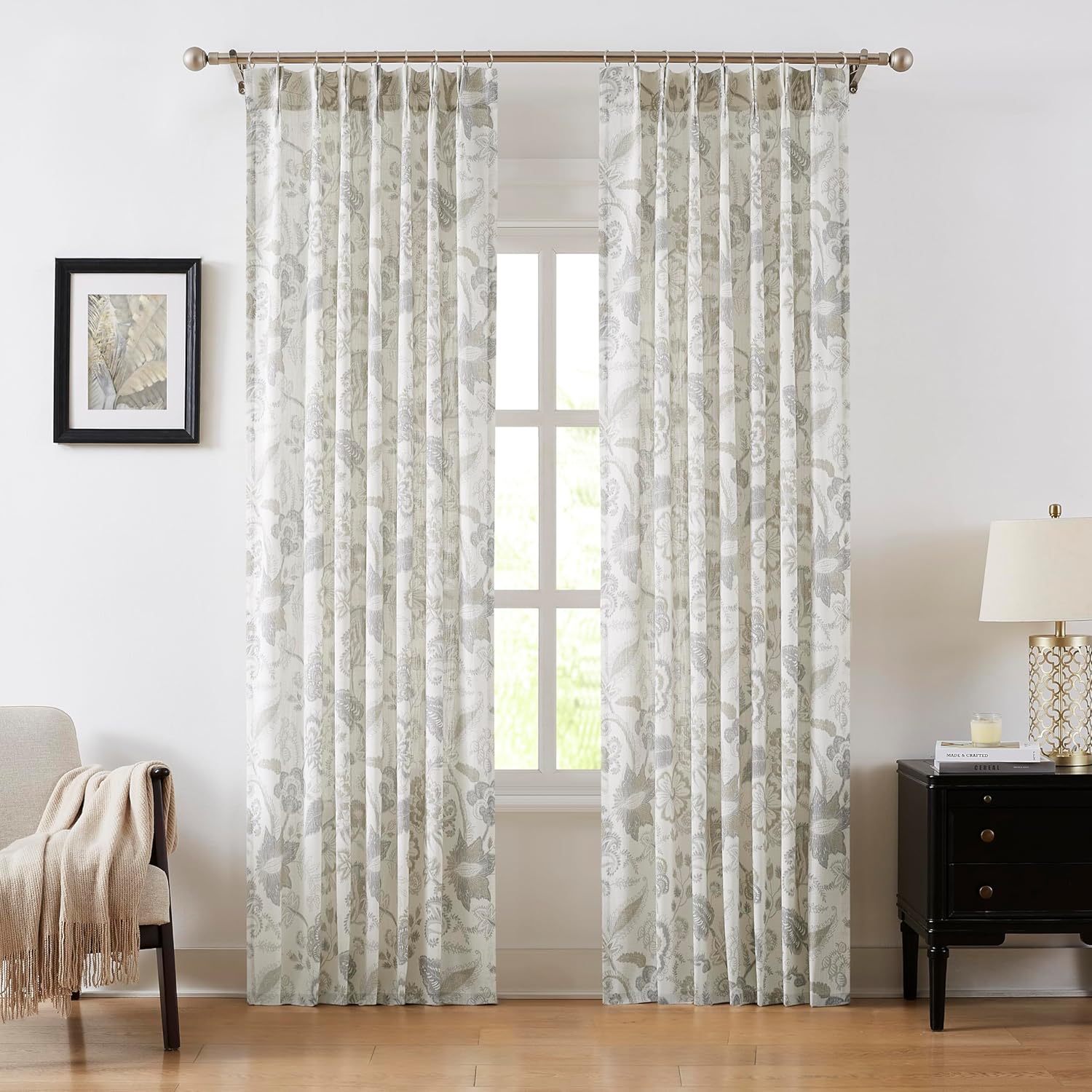 Kayne Studio Floral Leaf Print Light Filtering Curtains Grey Linen Botanical Leaf Flower Farmhouse Drapes Semi Sheer Window Treatment Set for Living Room Bedroom Pinch Pleated BackTab,40"x84",2 Panels