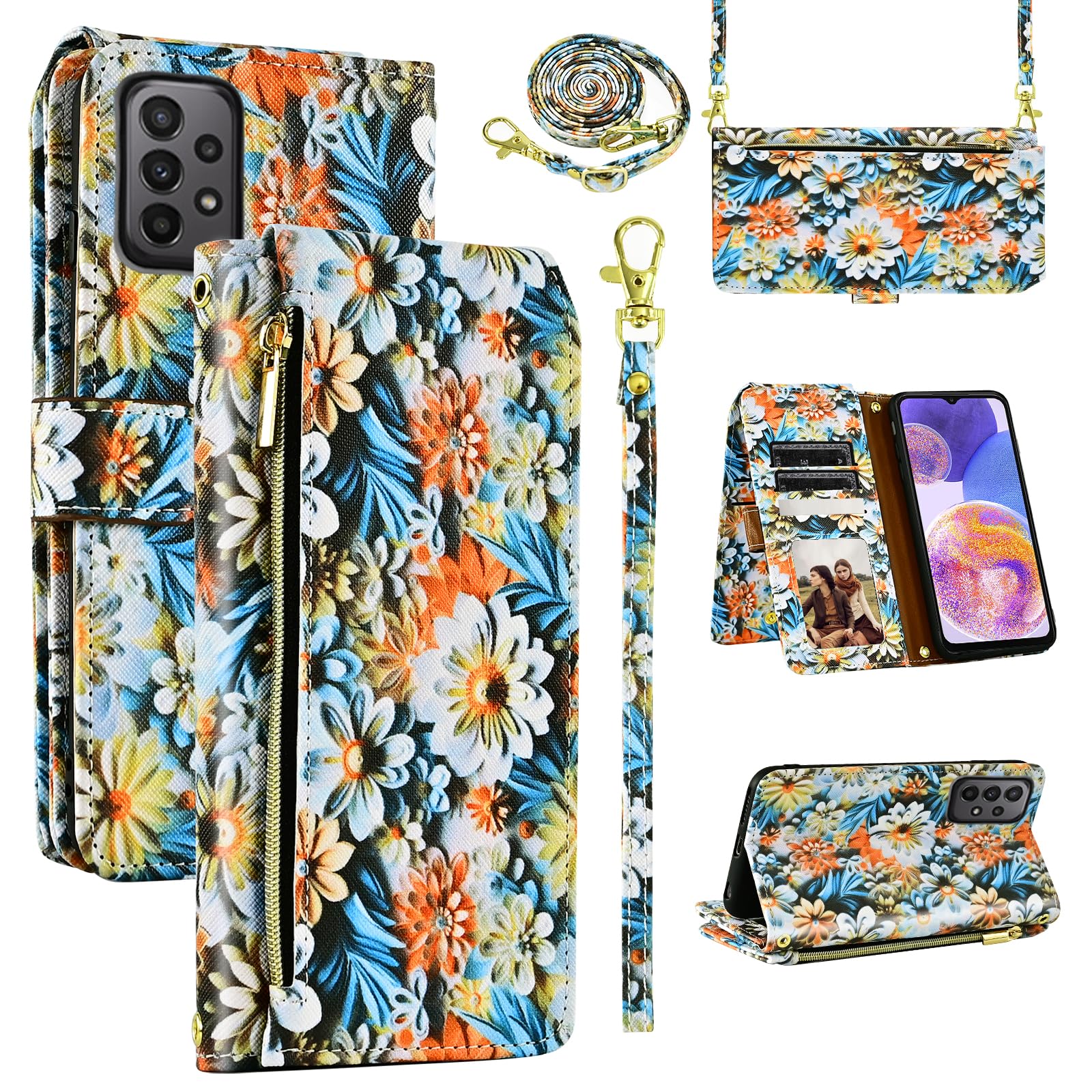 Dswteny Wallet Case for Samsung Galaxy A23 5G/4G with Detachable Wrist Strap Shoulder Strap, 9+ Card Slots Zipper Floral PU Leather Stand Card Holder