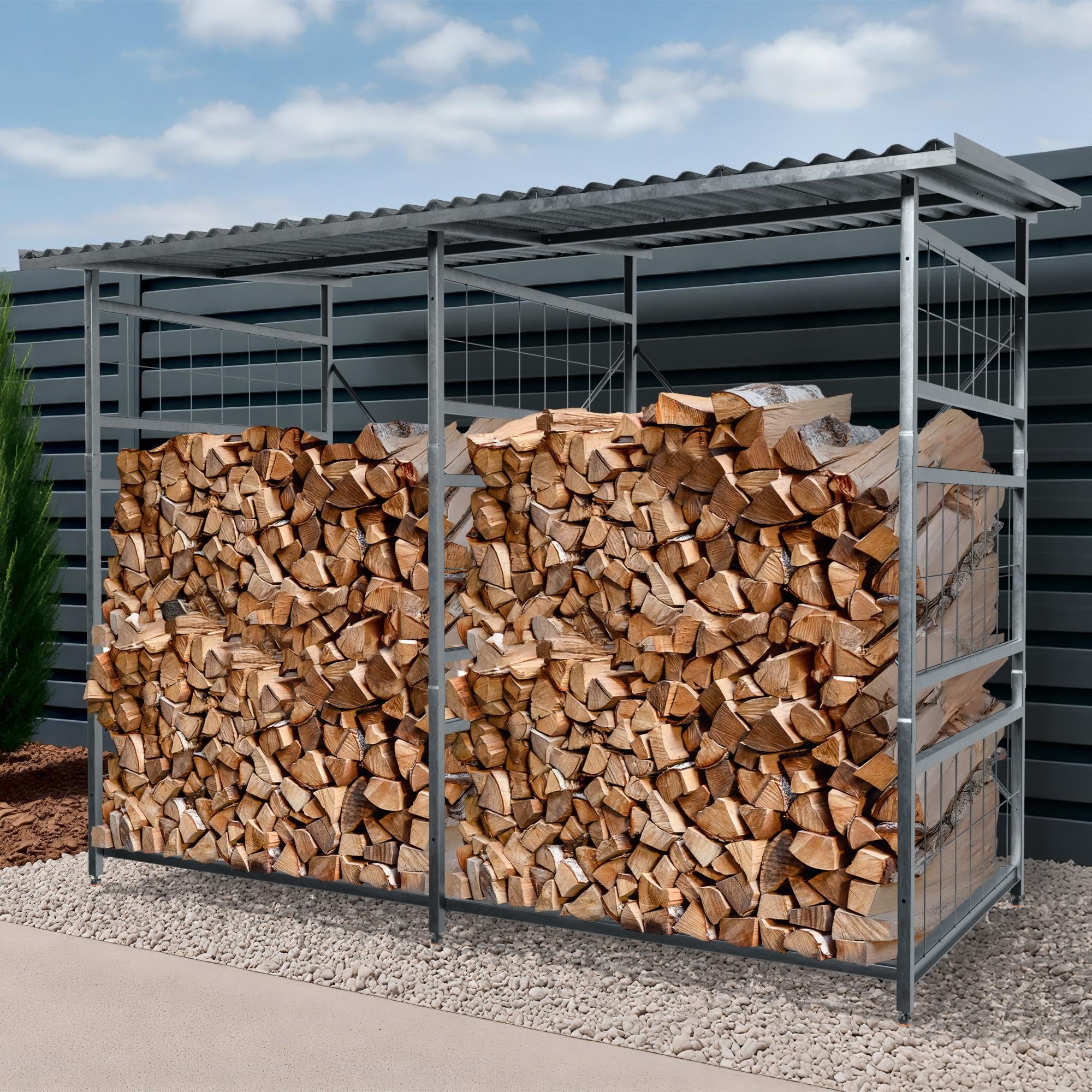 CLP Brennholzregal Macon, wetterfest mit Dach frei wählbarer Neigung, feuerverzinkter Stahl für 2,2m³ oder 4,4m³ Kaminholz, Holzlager, Farbe:Metall, Set-Inhalt:Brennholzregal + Erweiterung