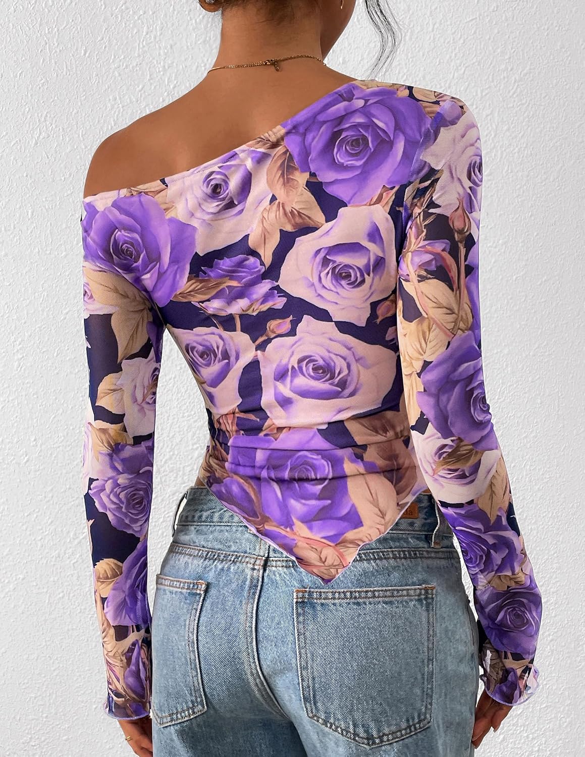  Womens Off Shoulder Mesh Y2k Tops | Stretchy Fitted Long Sleeve Shirts,Tie Dye Floral Blouse,Double Lined Ruched,Asymmetrical Hem,Going Out Daily Fall Clothes thumbnail