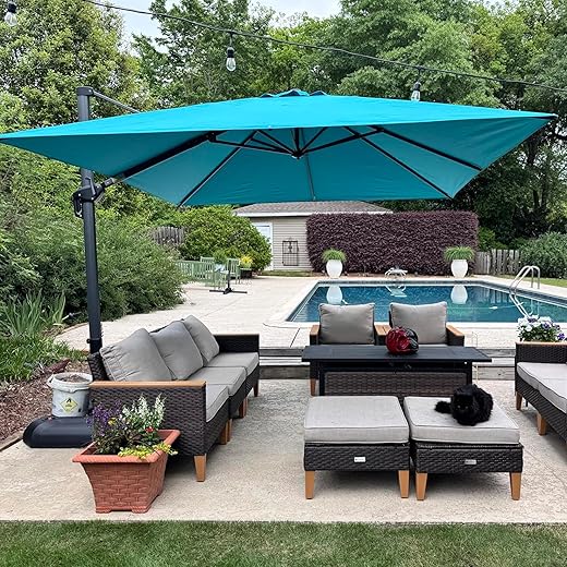 PURPLE LEAF 8 Feet Square Cantilever Umbrella Patio Umbrella with Base Outdoor Umbrella Aluminum Offset Umbrella with 360-degree Rotation for Garden Deck Pool Patio, Turquoise Blue