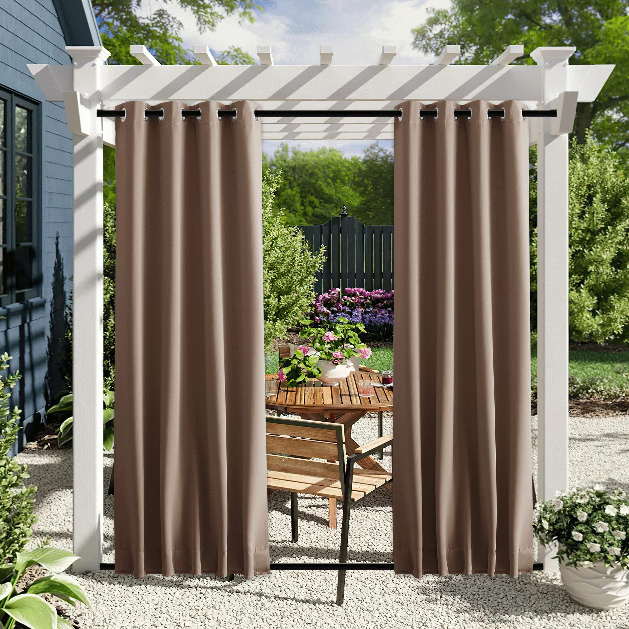 NICETOWN 2 Panels Blackout Waterproof Patio Outdoor Curtains, Top & Bottom Grommet & Back Tab Wind-Break Hot & Cold Block Drapes Privacy for Pergola with Fixed Ropes, W46 x L63, Tan-Khaki