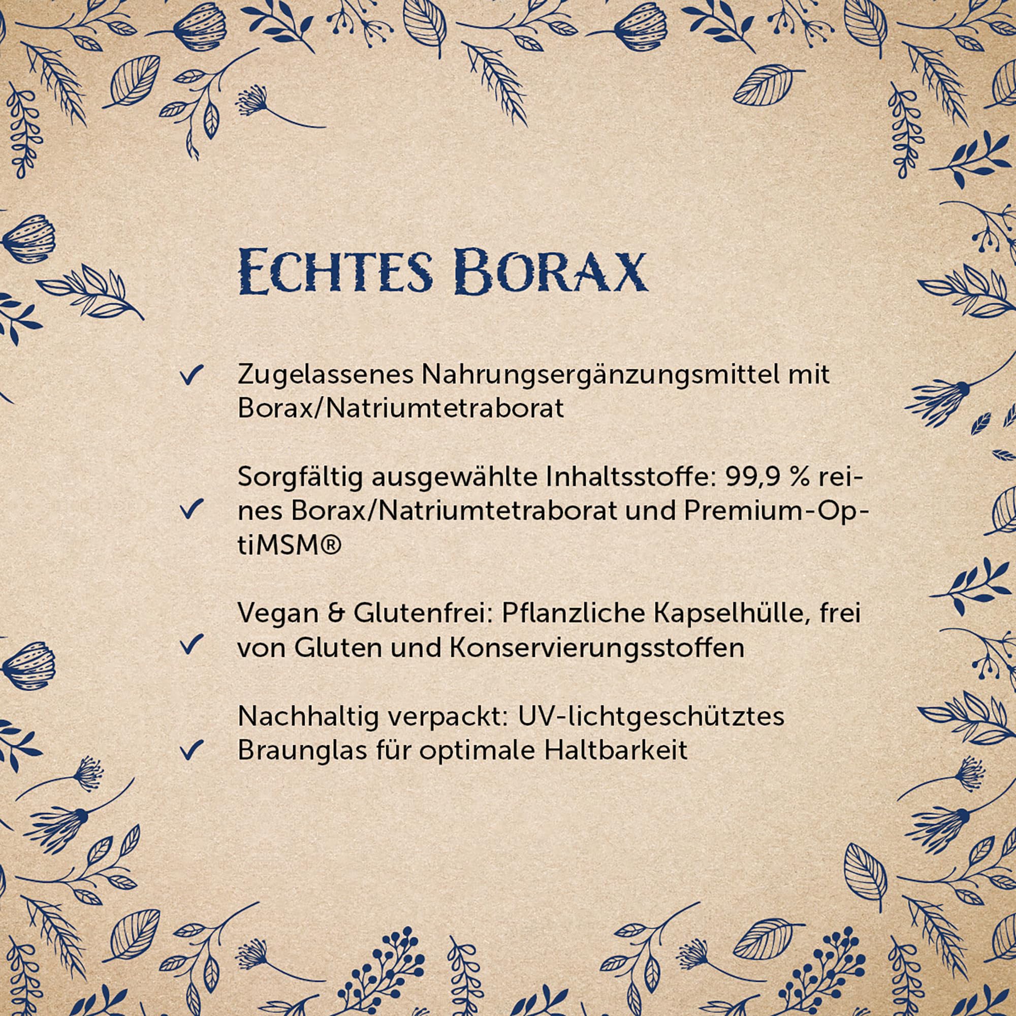 Waldkraft Borax + MSM Kapseln | 99,9% ig reines Natriumtetraborat und OptiMSM® | Lebensmittelqualität | Nachhaltig verpackt in Braunglas | Exklusiv bei Waldkraft | 120 pflanzliche Kapseln