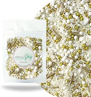 Sprinkle Pop Wedding White Sprinkle Mix| Pastel White Sprinkles with Gold Metallic Dragees| Bridal Shower Wedding Anniversary Birthday Sprinkles Made in USA for Decorating Cakes Cupcakes Cookies, 2oz