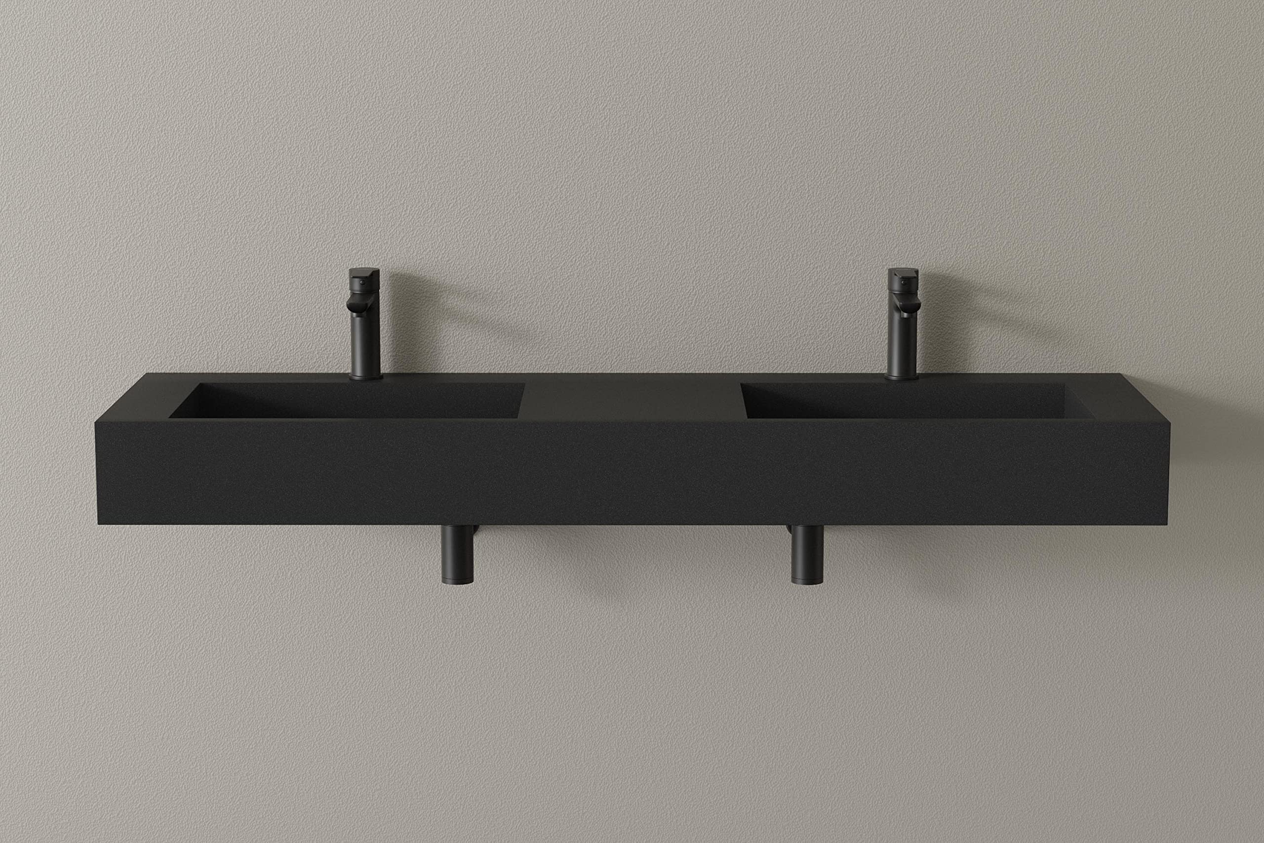 BERNSTEIN - Double Vasque Lavabo Rectangulaire à poser/suspendre Quartz Noir 153x45x15cm fonte minérale Lave main mural + Console métallique sur pieds - Design, Robuste & Durable - TWG16