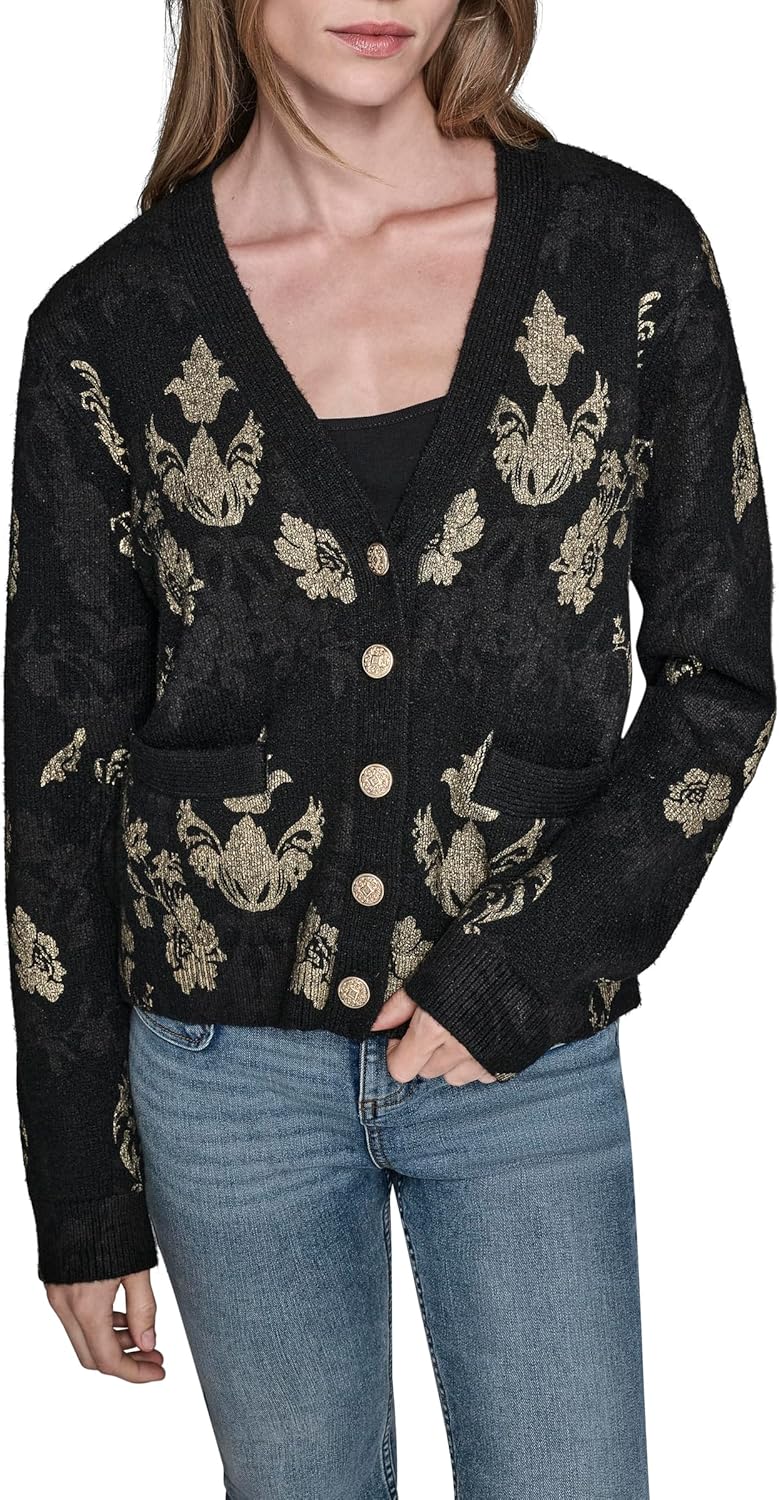 Karl Lagerfeld Womens Long Sleeve V Neck Patterned Cardigan Sweater