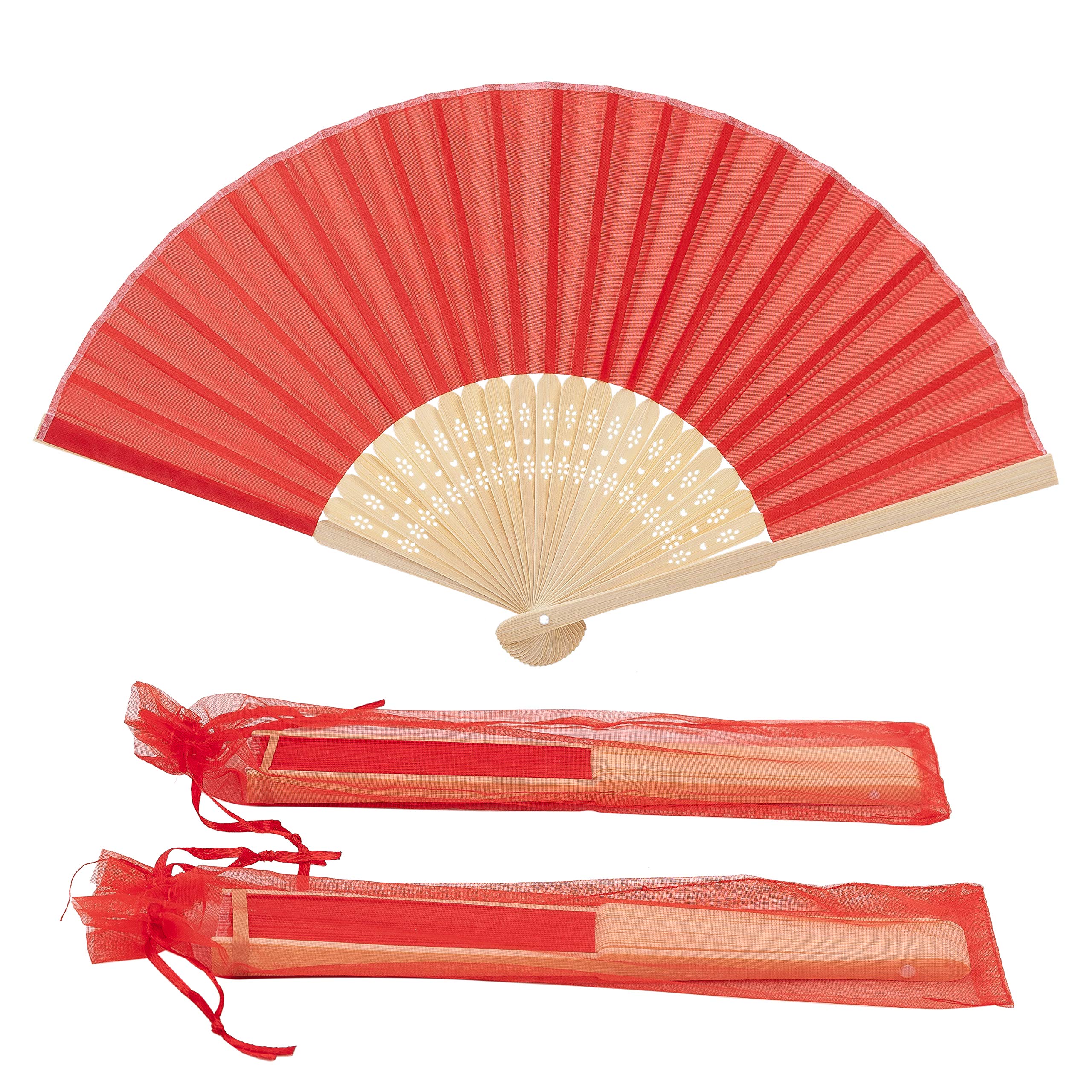 Sepwedd 50pcs Red Imitated Silk Fabric Bamboo Folded Hand Fan Bridal Dancing Props Church Wedding Gift Party Favors with Gift Bags