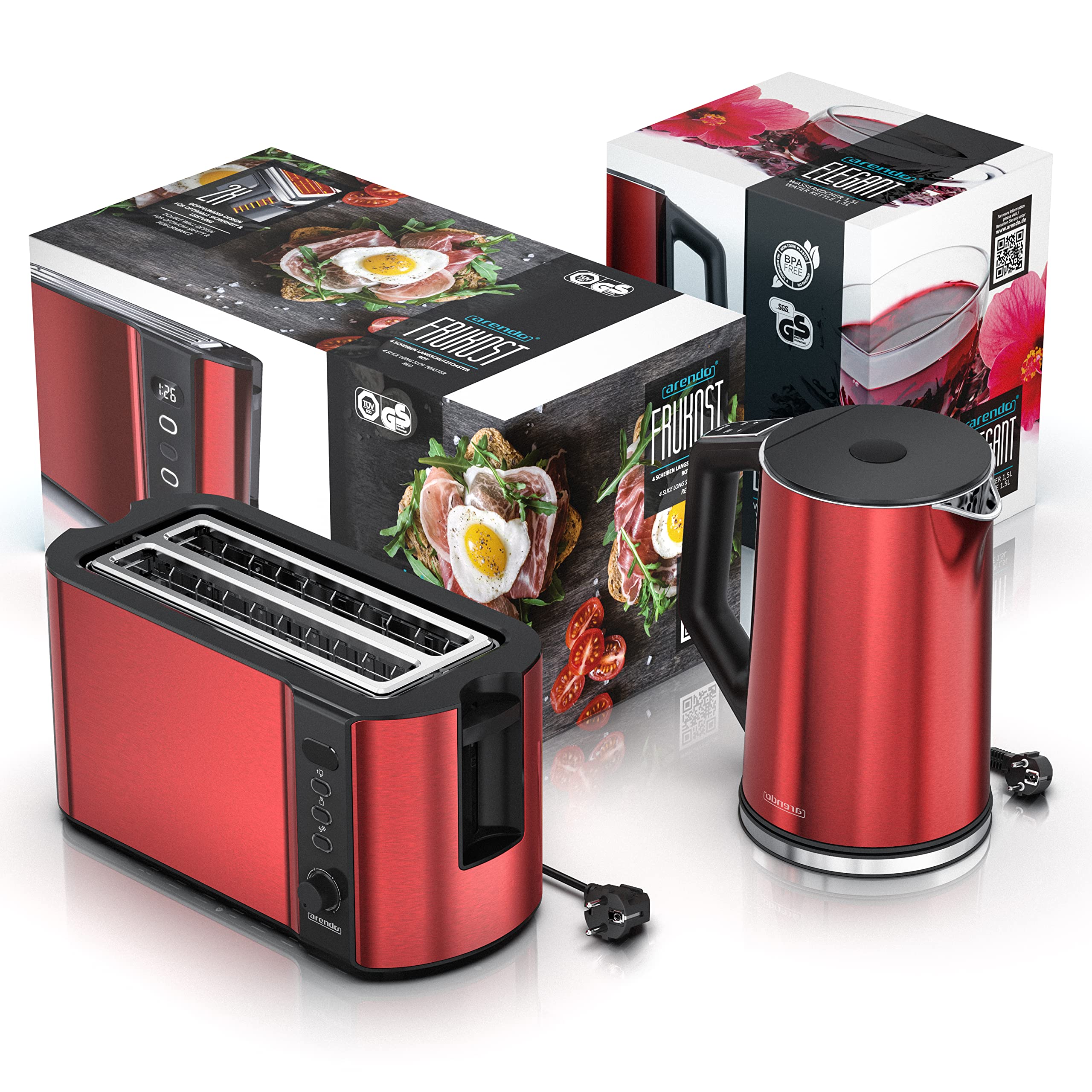 Arendo Wasserkocher Toaster SET Edelstahl Rot 1,5L 40-100°C Warmhaltefunktion 4 Scheiben LED-Display 6 Bräunungsgrade